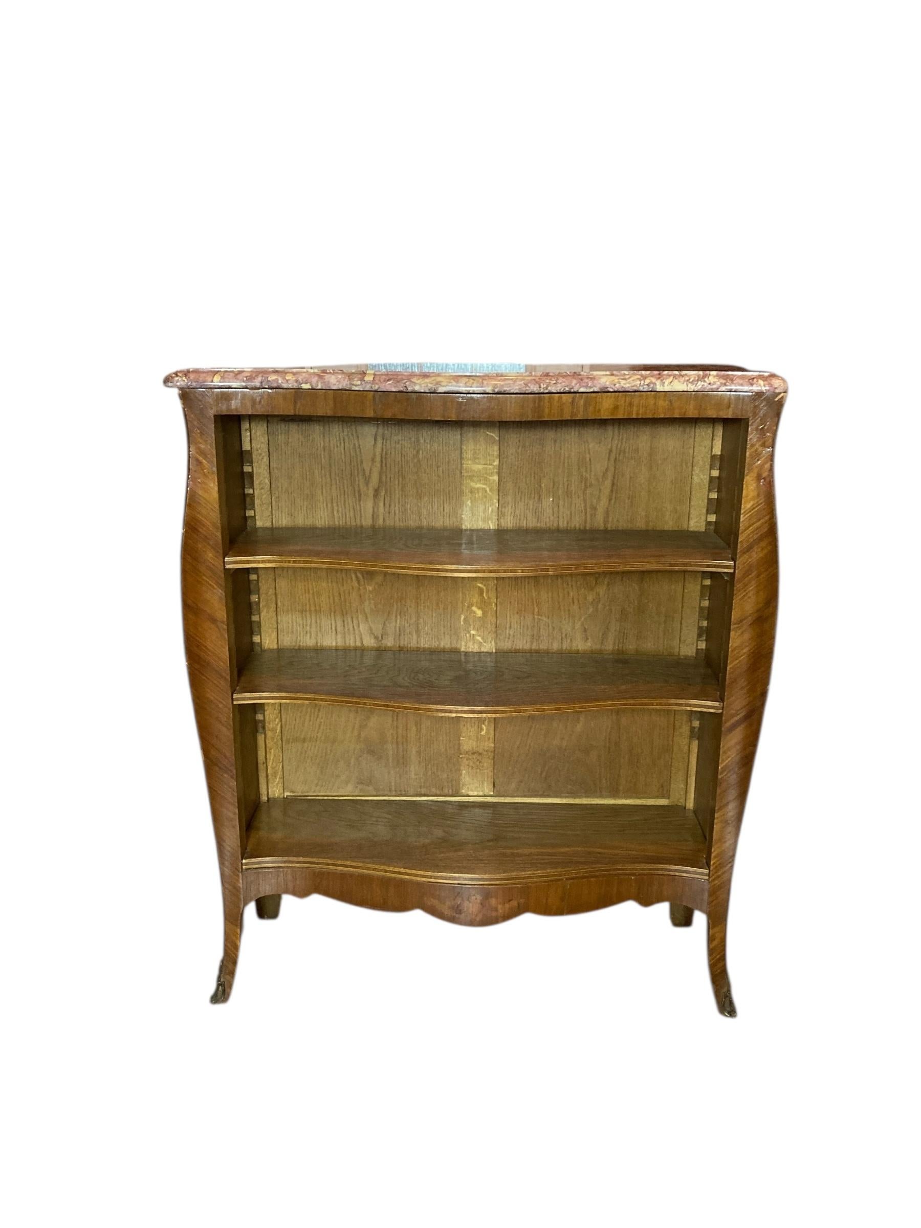 French Antique Serpentine adjustable Shelf Open Bookcase Marble Top For Sale 4