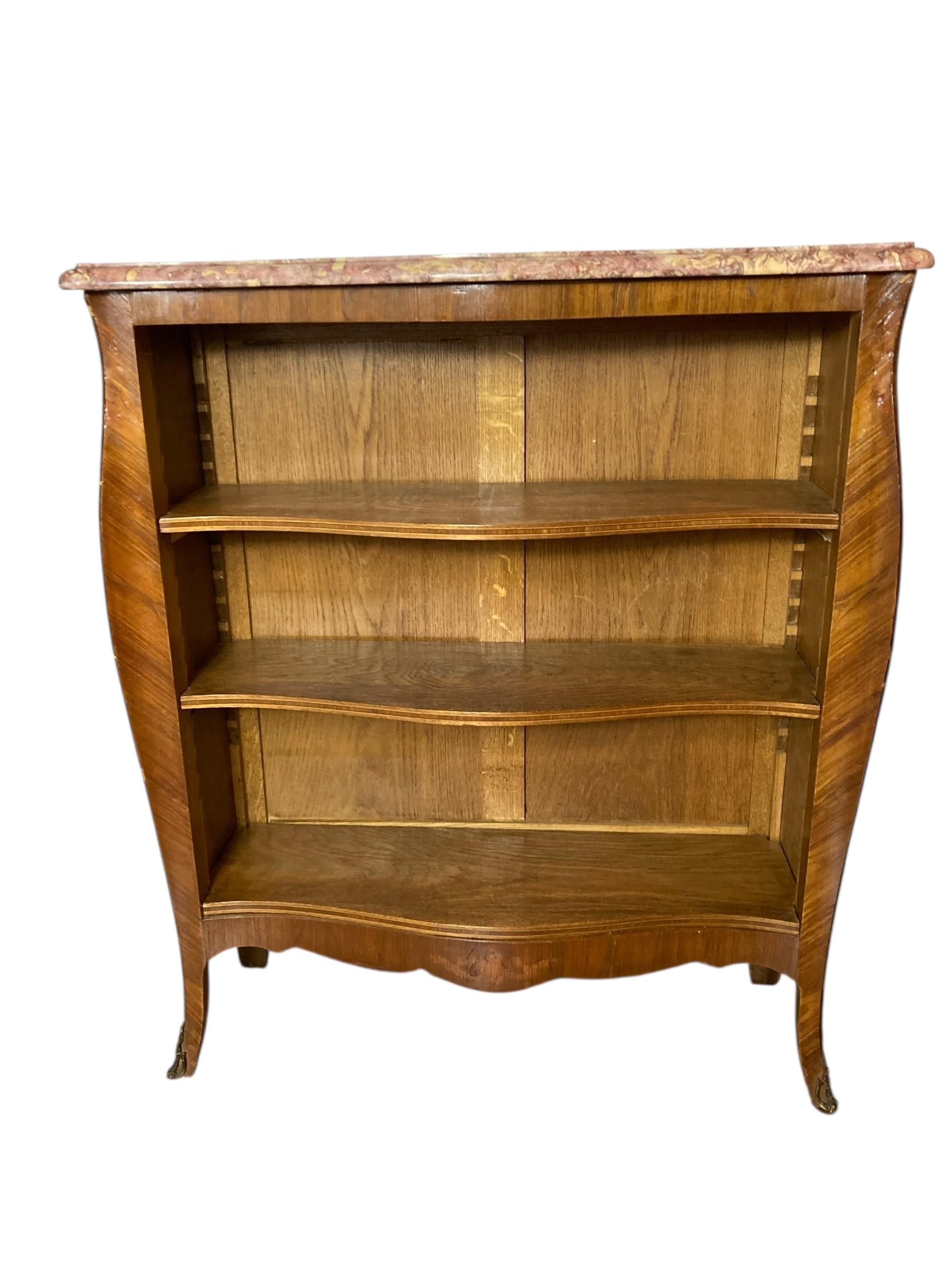 French Antique Serpentine adjustable Shelf Open Bookcase Marble Top with Parquetry frame. Very good condition with small losses not affecting the overall look and presentation. Adjustable shelves with Ornate marble top and brass mouldings. a perfect