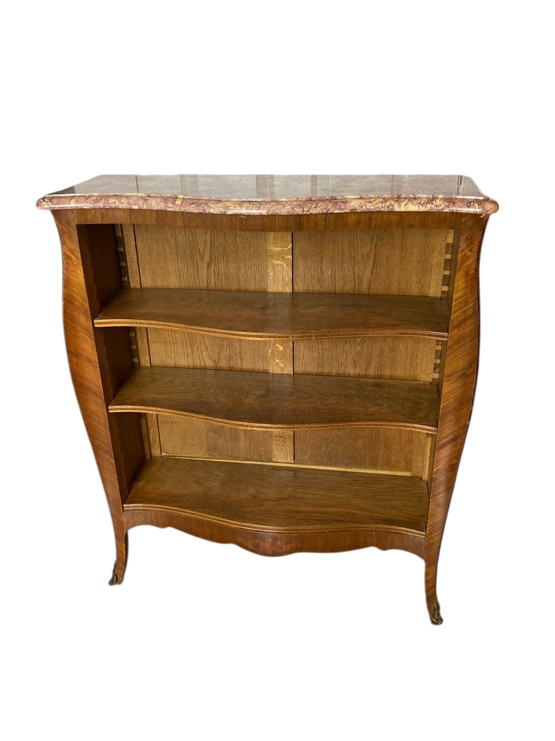 Rococo French Antique Serpentine adjustable Shelf Open Bookcase Marble Top For Sale