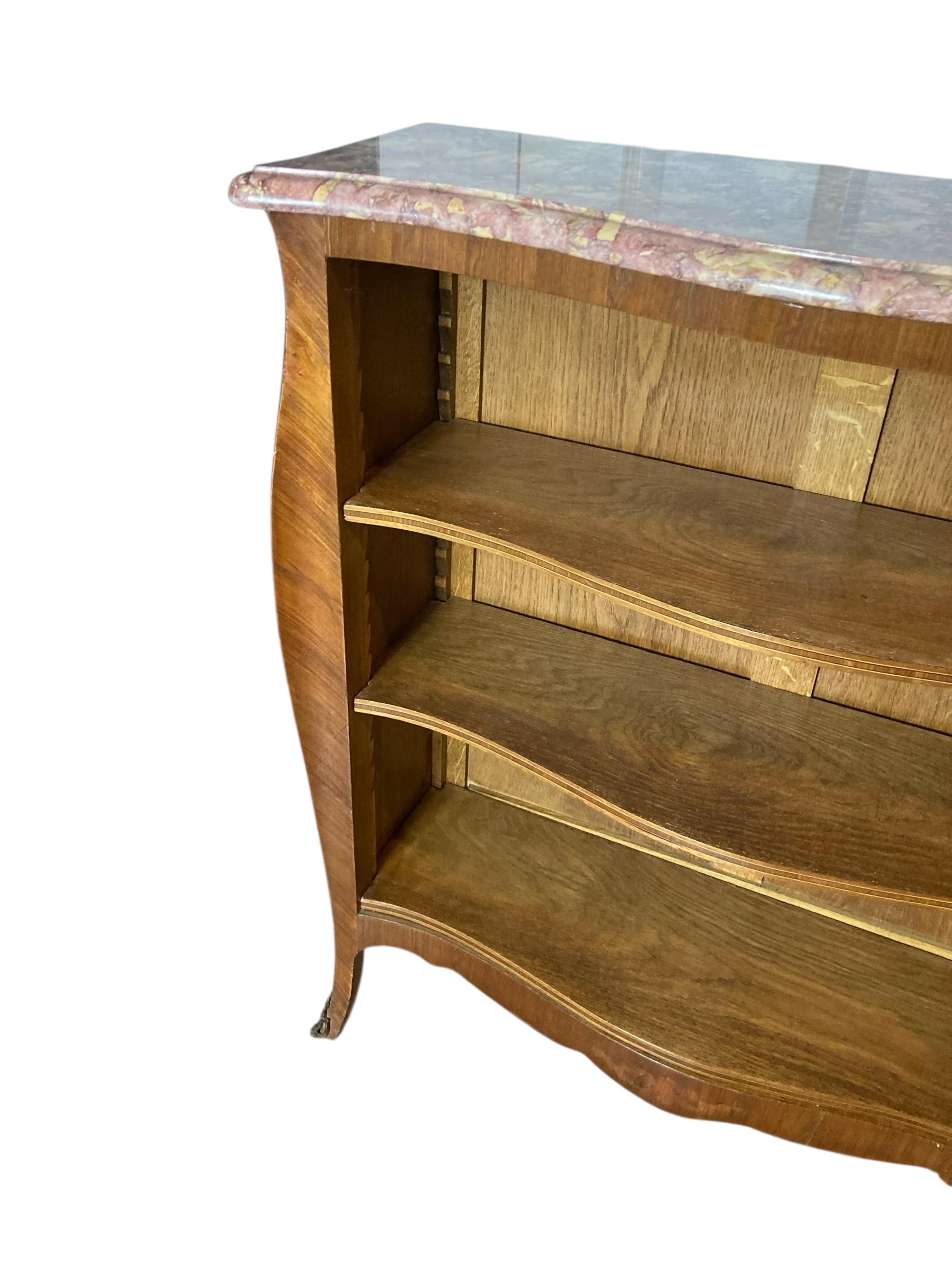 Parquetry French Antique Serpentine adjustable Shelf Open Bookcase Marble Top For Sale