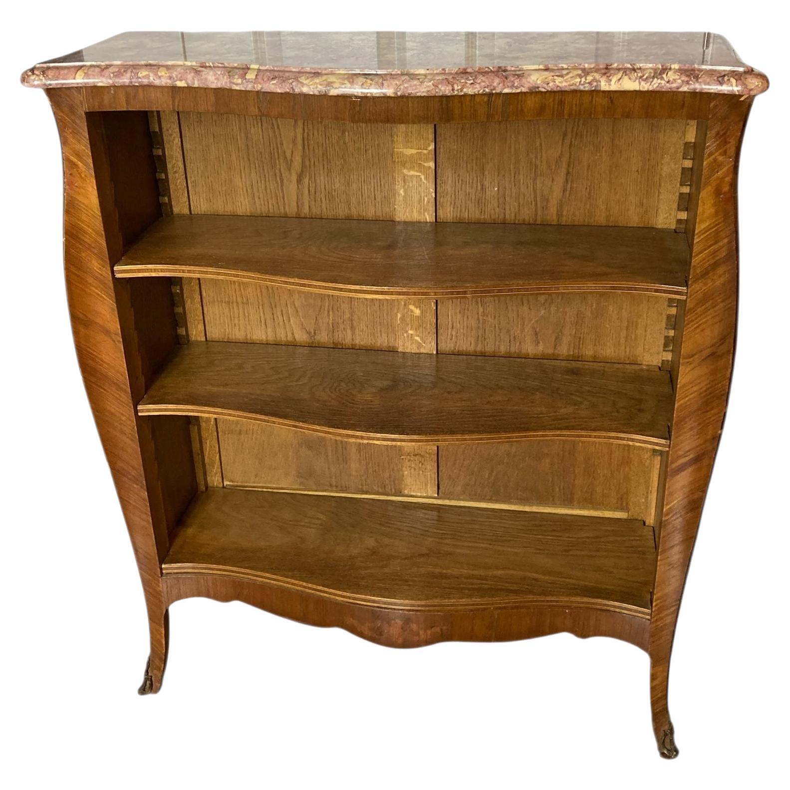 French Antique Serpentine adjustable Shelf Open Bookcase Marble Top For Sale