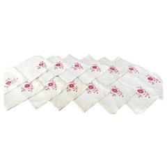 French Used Set 14 White Linen Napkins Embroidered Red Rose 1900 Art Nouveau