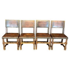 French Antique Set of 6 Leather and Nailhead Dining Chairs with Bobbin Legs