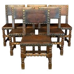 French Antique Set of 6 Leather and Nailhead Dining Chairs with Bobbin Legs