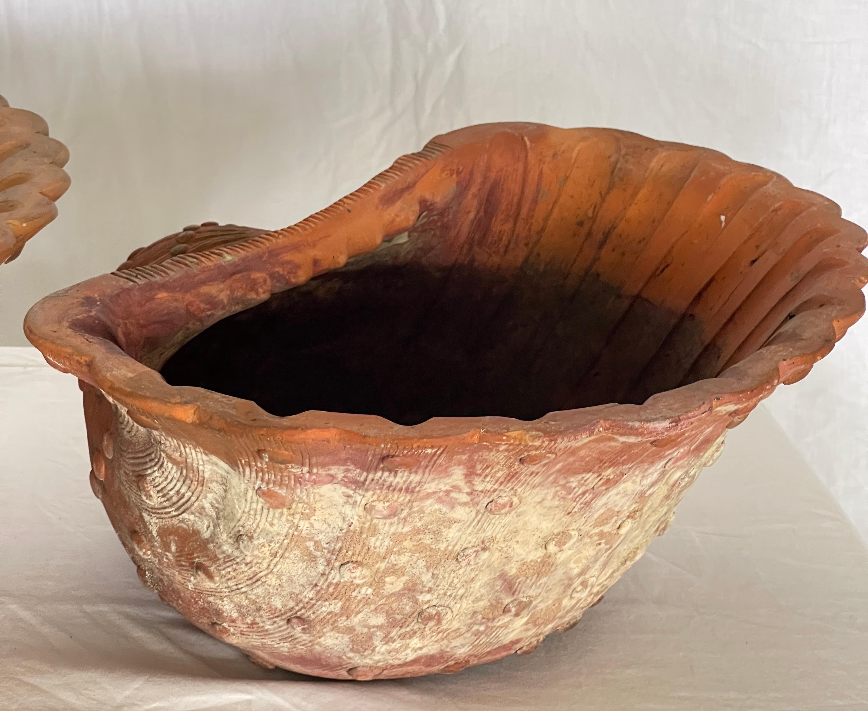 French Antique Set of Three Terracotta Large Shell Planters, 1940s In Good Condition For Sale In West Palm Beach, FL