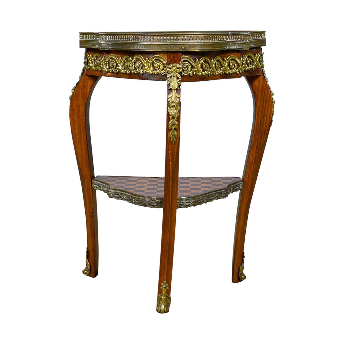 French Antique Side Table, Two-Tier Birch Ormolu Marble Top, circa 1900