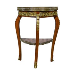 French Antique Side Table, Two-Tier Birch Ormolu Marble Top, circa 1900