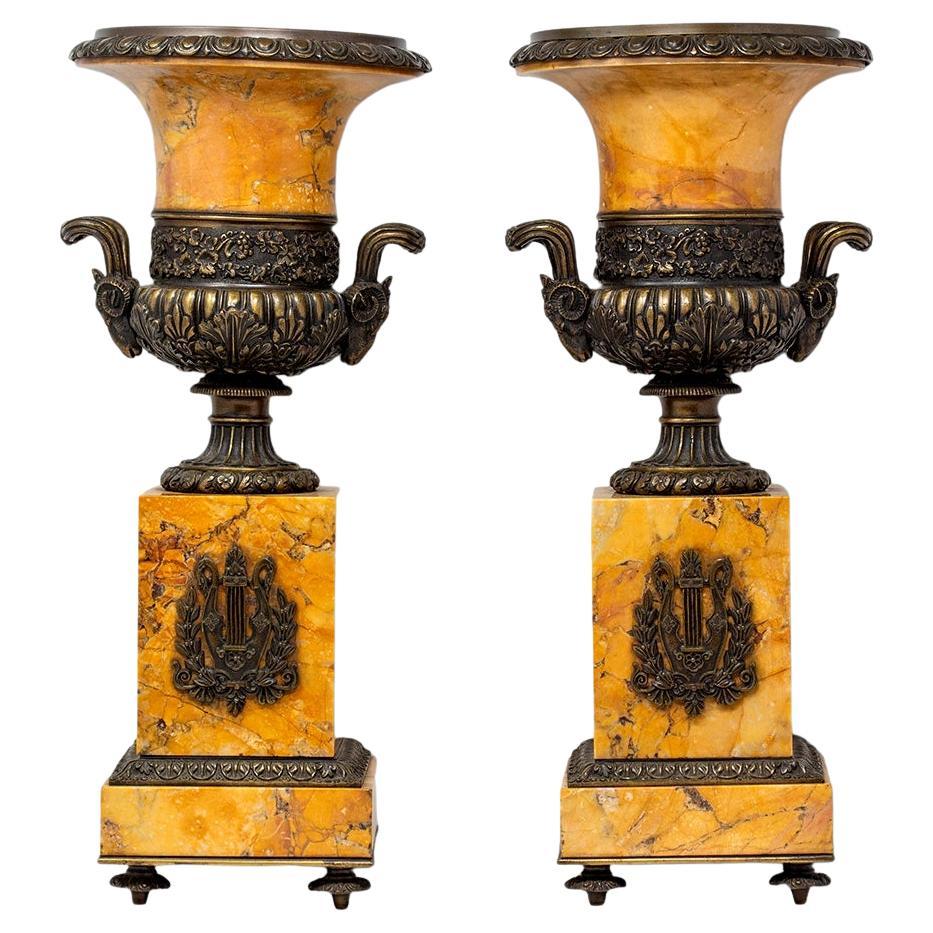 French Antique Siena Marble and Bronze Tazza Urns