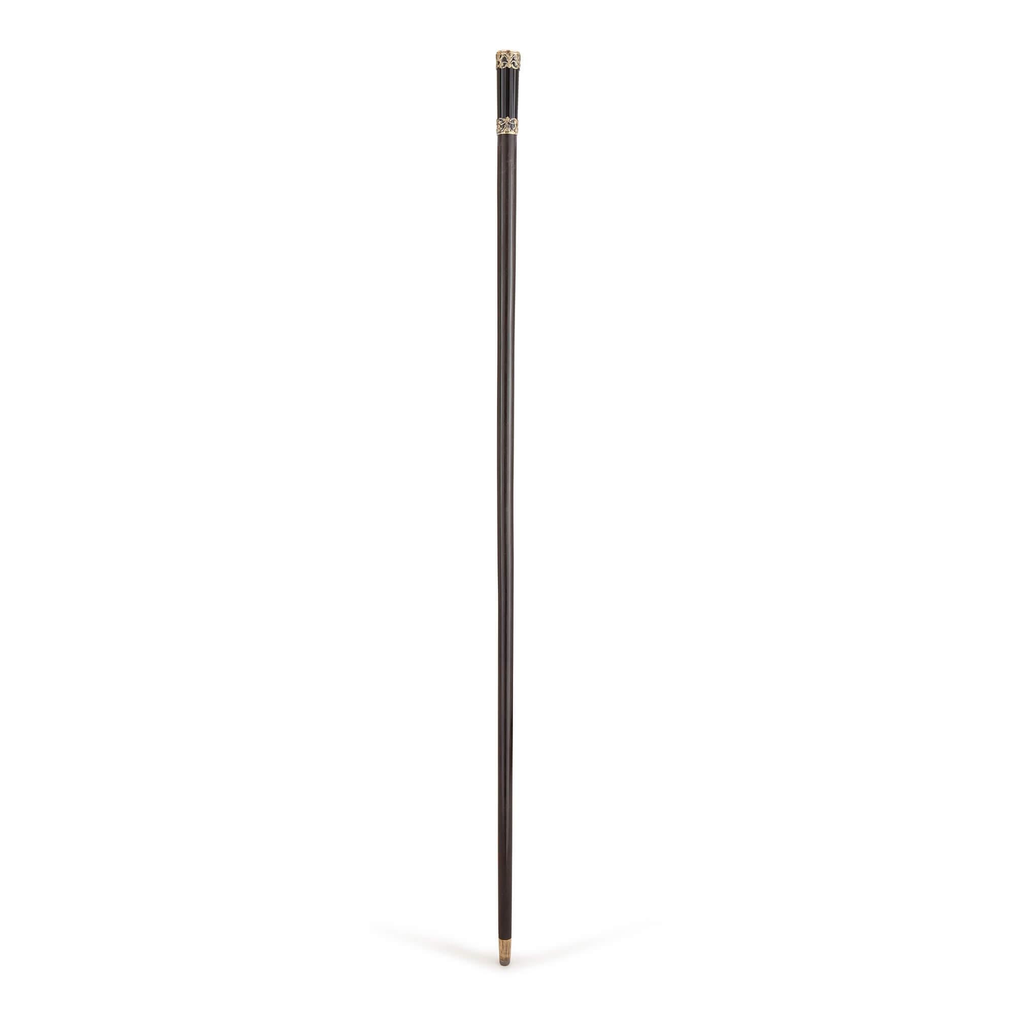 Carved French Antique Silver-Gilt and Onyx Cane For Sale