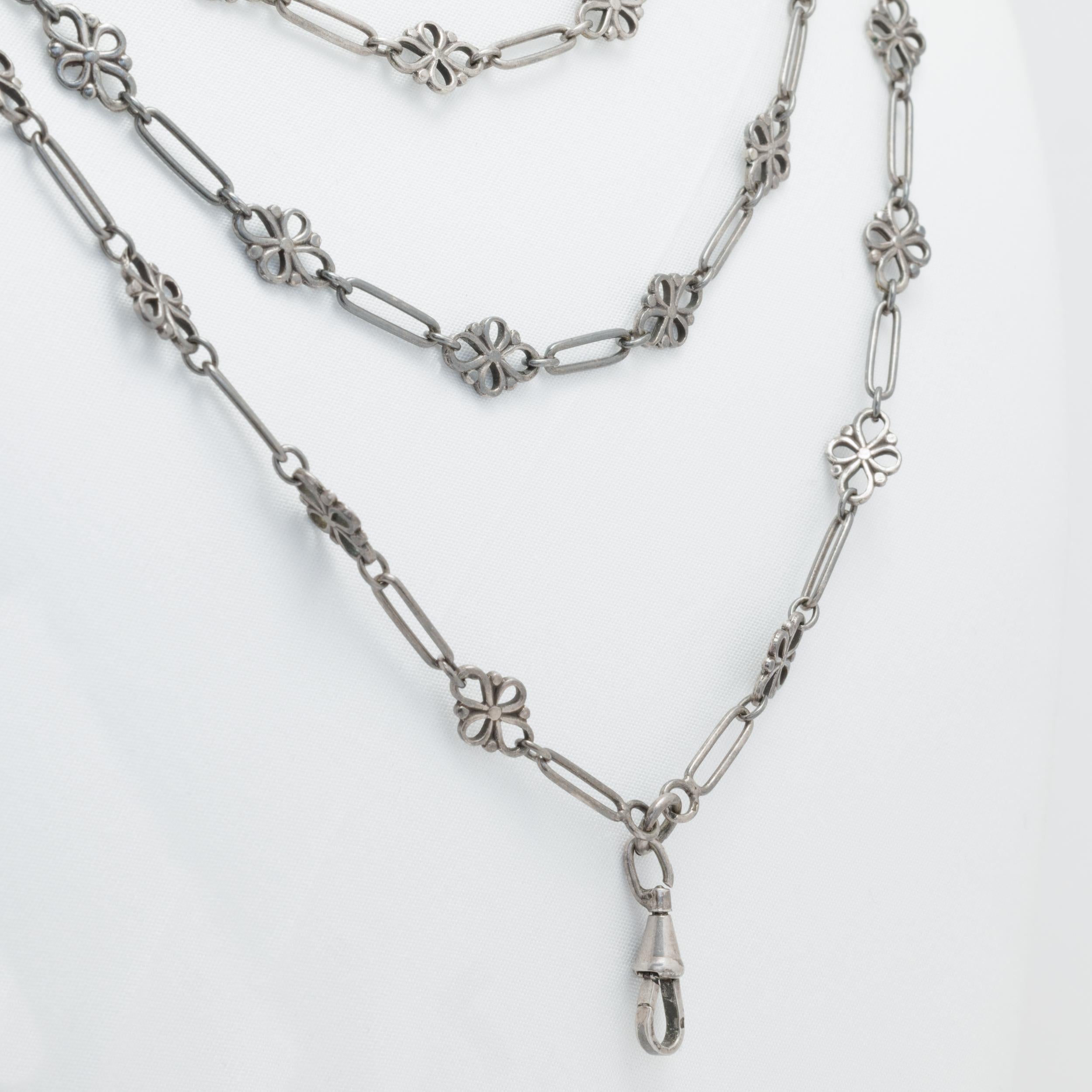 Women's or Men's French Antique Silver Long Guard Muff Chain For Sale