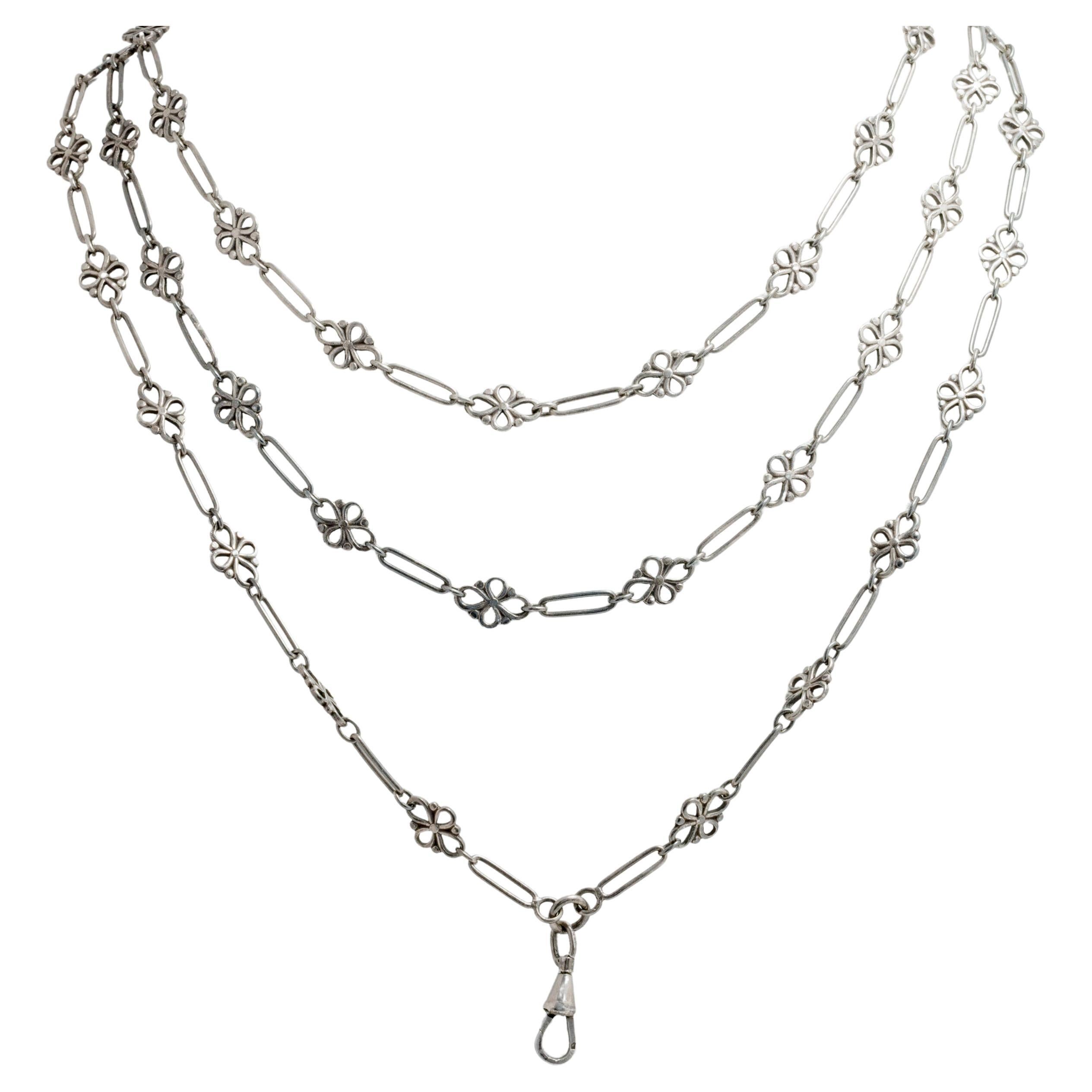 French Antique Silver Long Guard Muff Chain For Sale