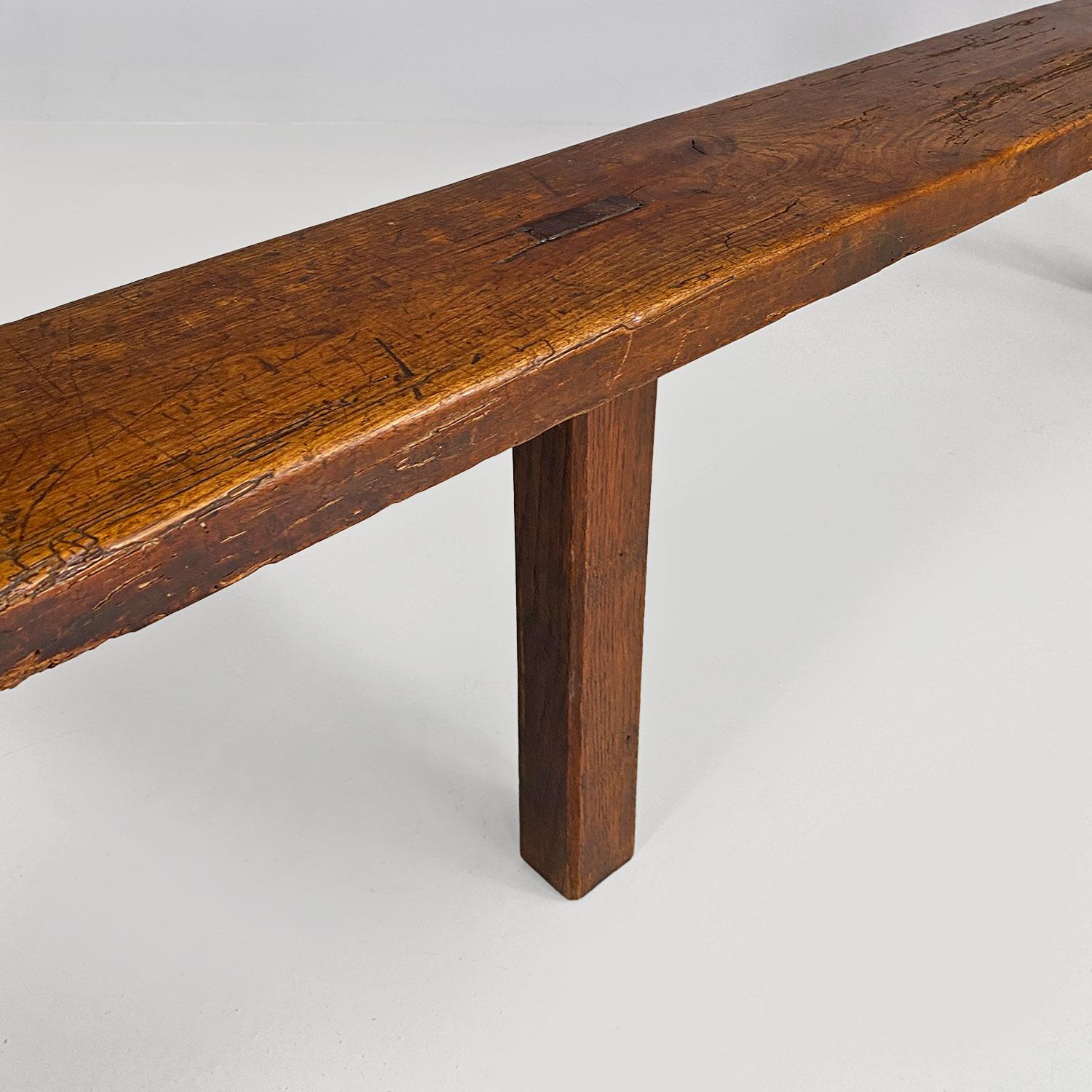 French antique soldid wood bench with narrow and long seat, 1930s For Sale 4