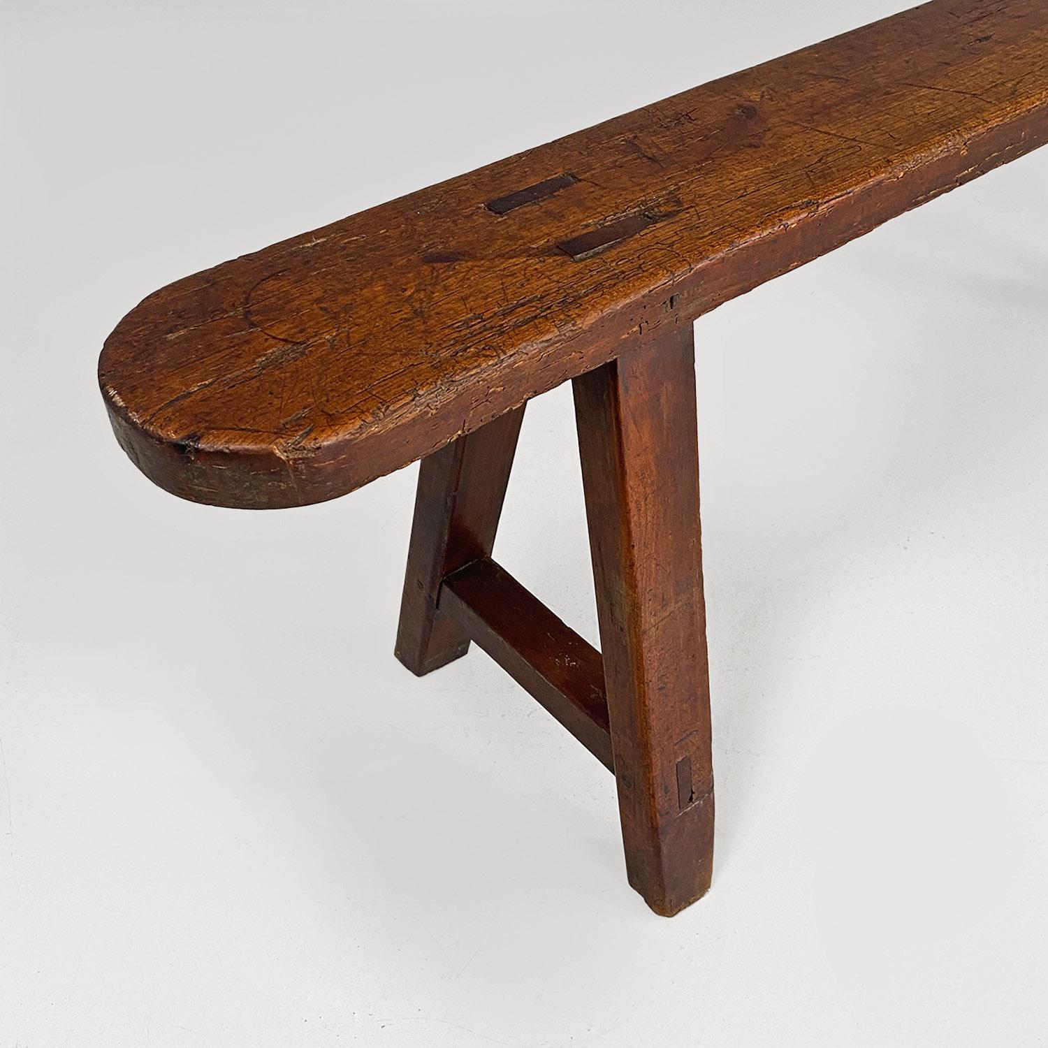 French antique soldid wood bench with narrow and long seat, 1930s For Sale 5
