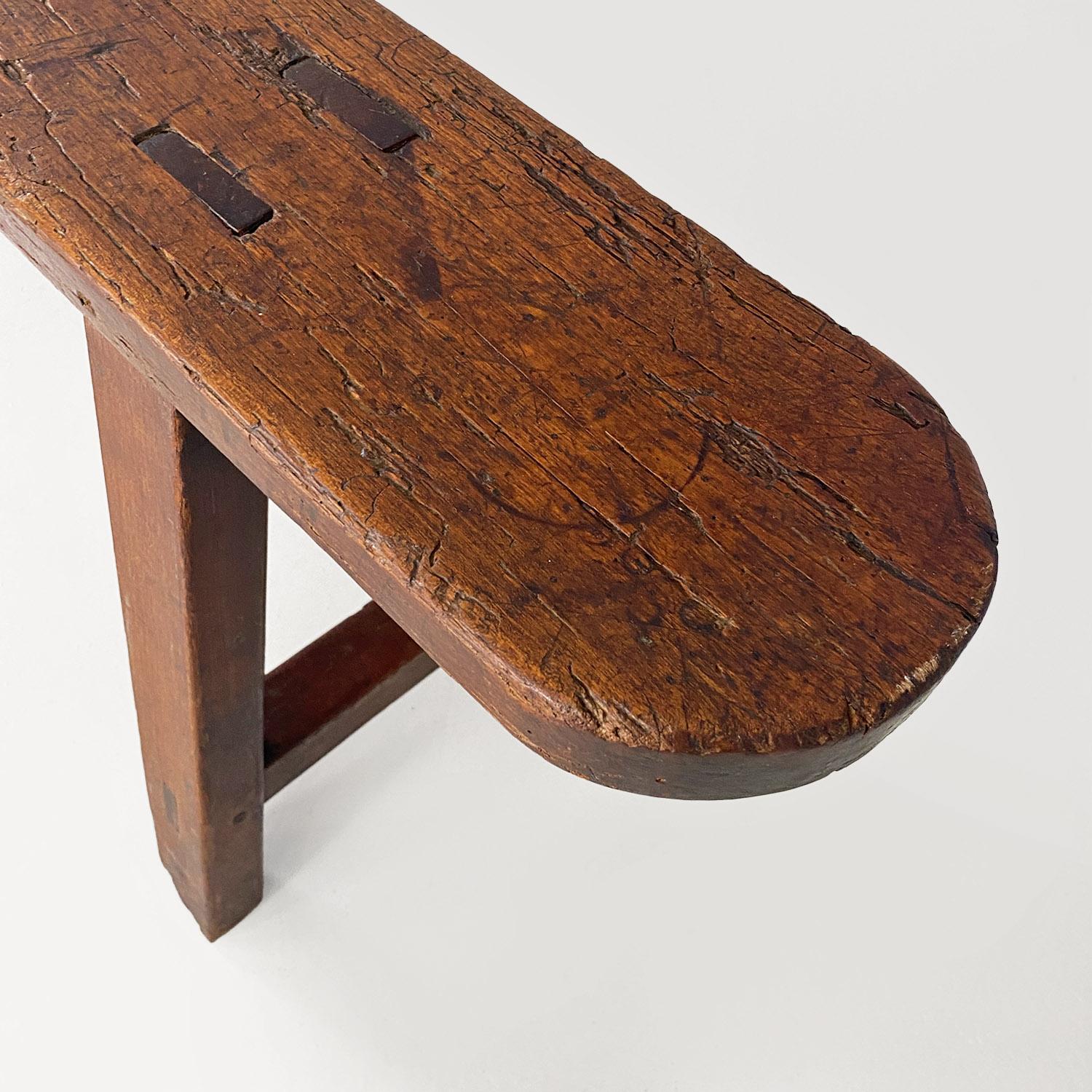 French antique soldid wood bench with narrow and long seat, 1930s For Sale 4