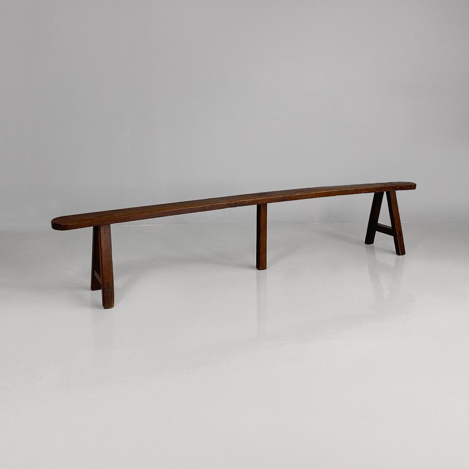 Mid-Century Modern French antique soldid wood bench with narrow and long seat, 1930s For Sale