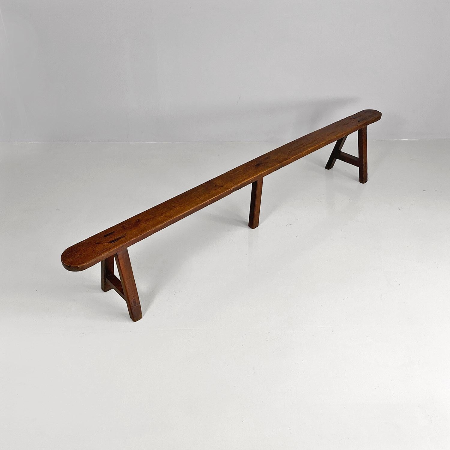 French antique soldid wood bench with narrow and long seat, 1930s For Sale 1