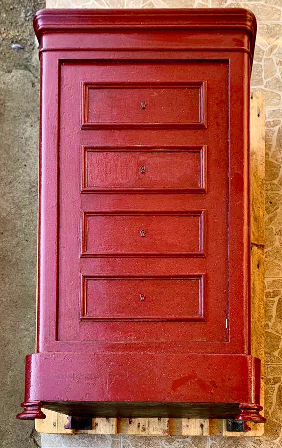 Rare red wrought iron safe strong box with original key and marble top above.
It is very heavy - around 200 kg.
France, circa 1900.