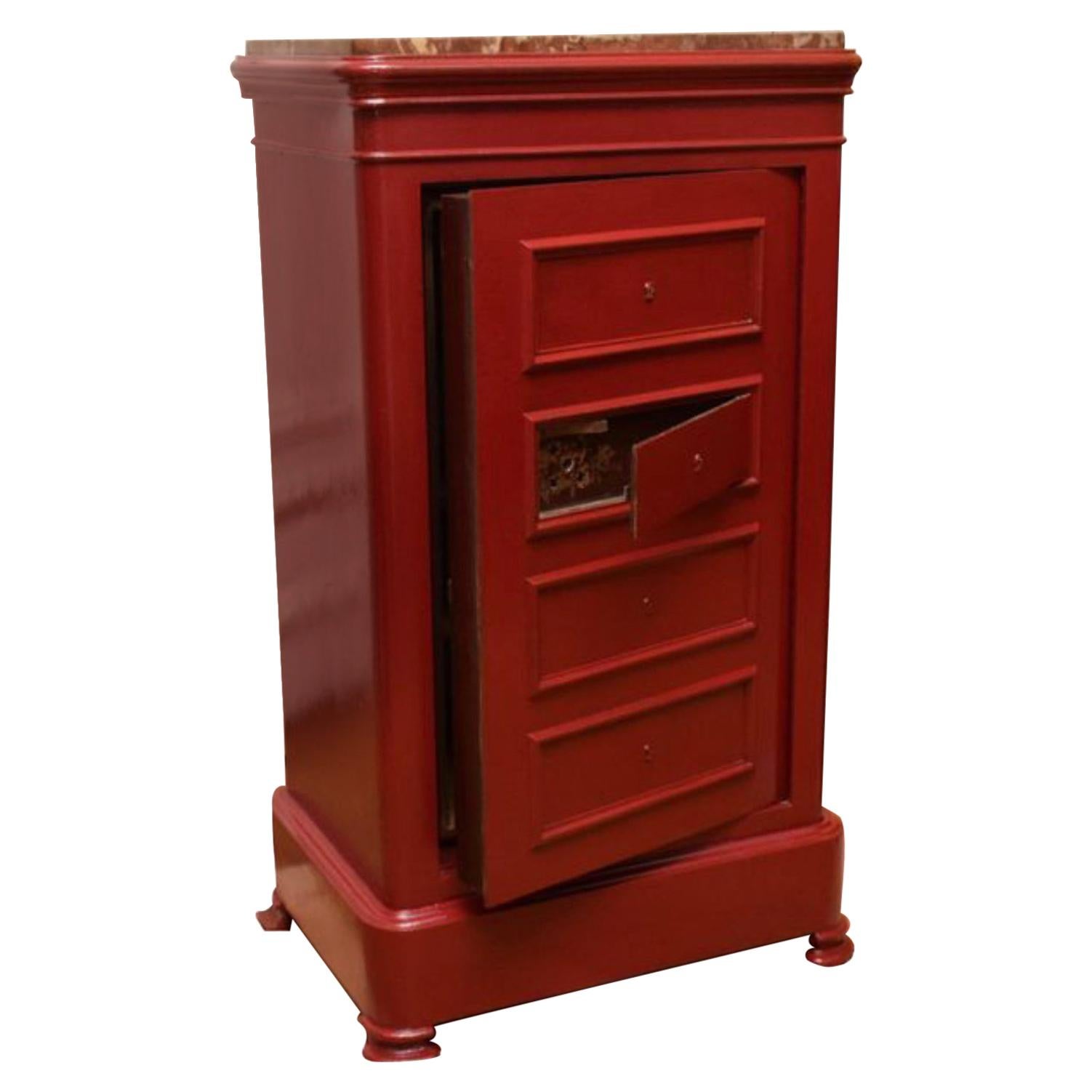 French Antique Solid Wrought Iron Red Safe Box with Marble Top, circa 1900 For Sale