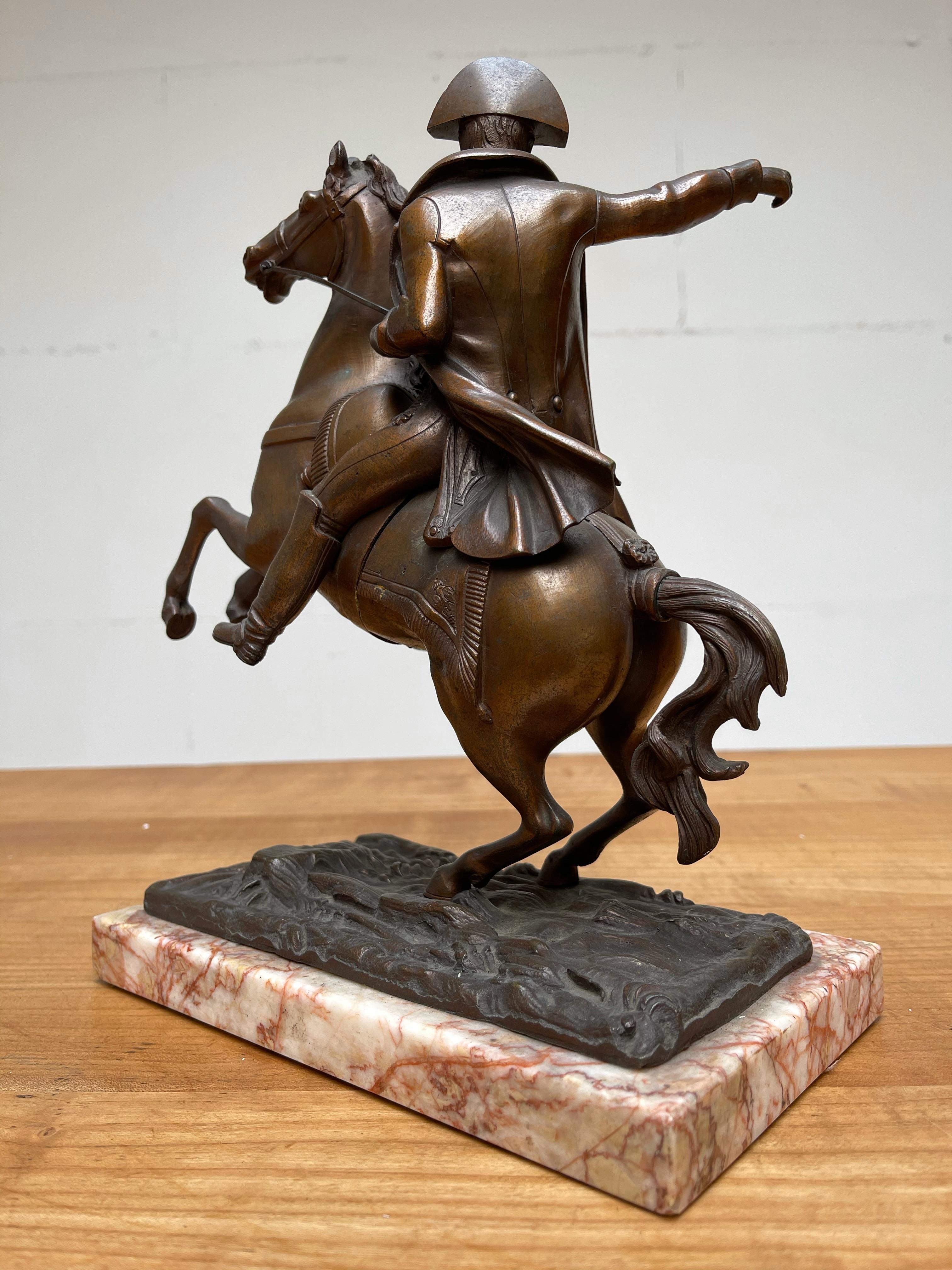 French Antique Stately Bronze Napoleon on Prancing Horse Sculpture, Marble Base For Sale 1