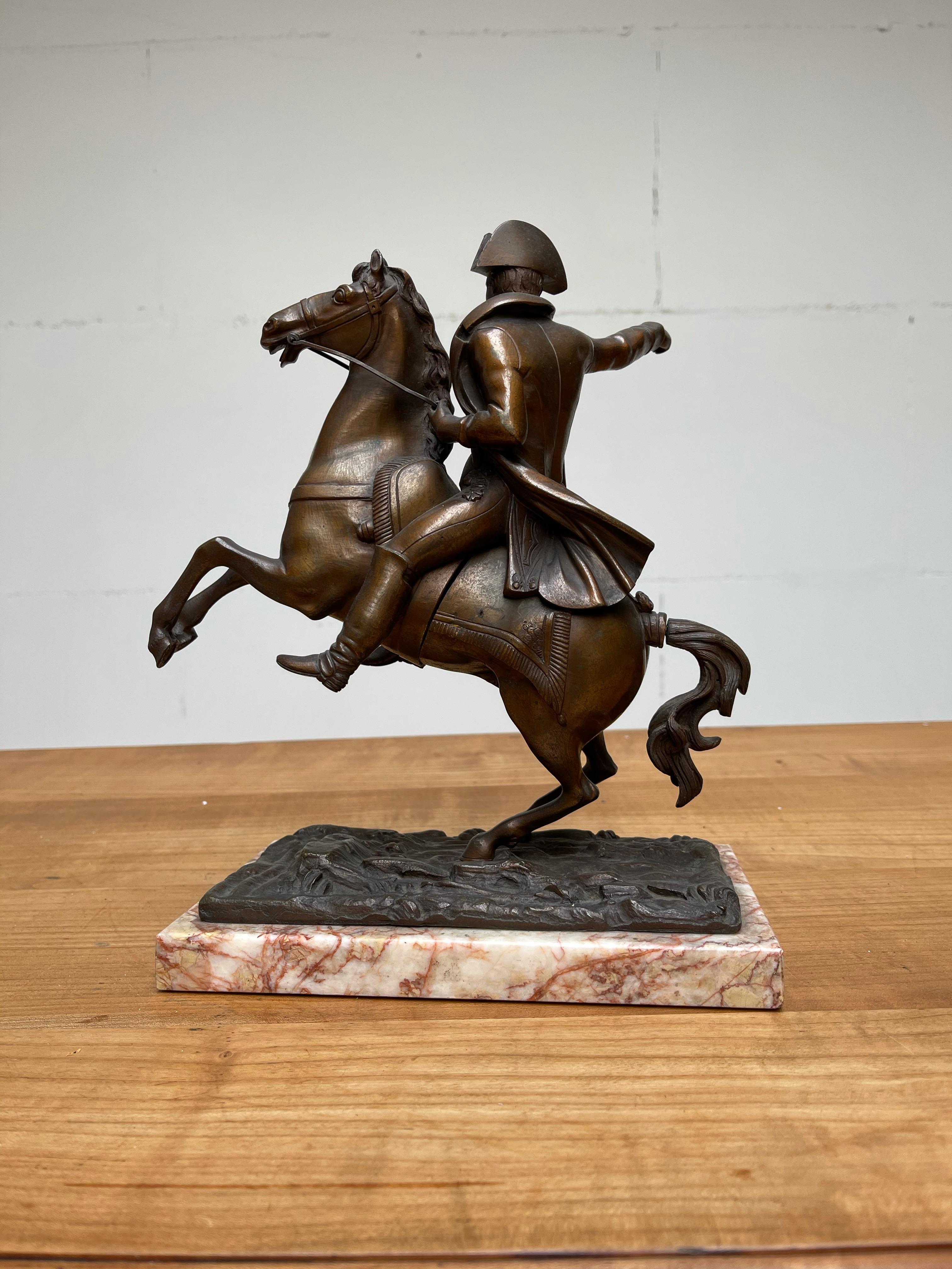 French Antique Stately Bronze Napoleon on Prancing Horse Sculpture, Marble Base For Sale 3