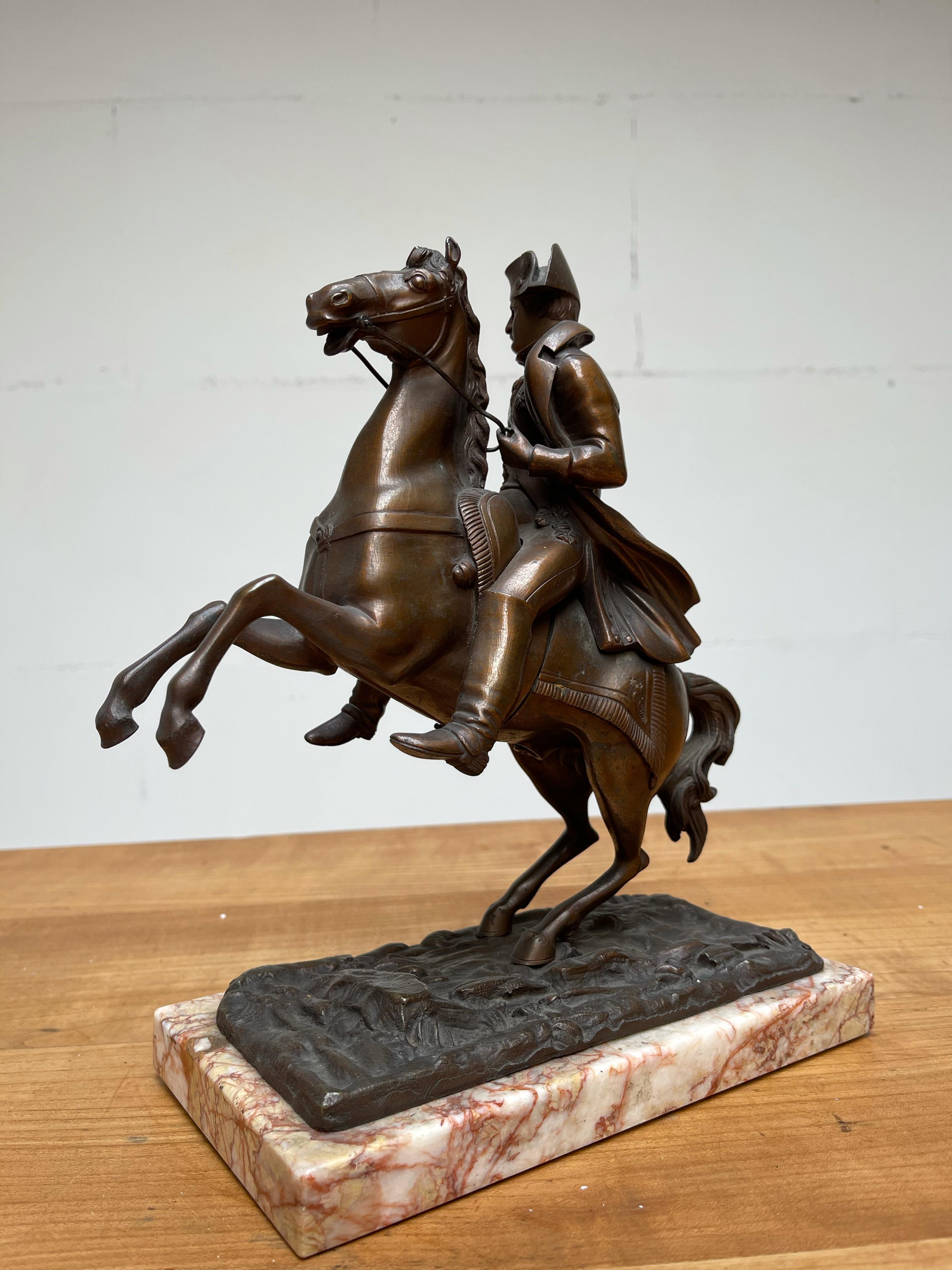 French Antique Stately Bronze Napoleon on Prancing Horse Sculpture, Marble Base For Sale 7