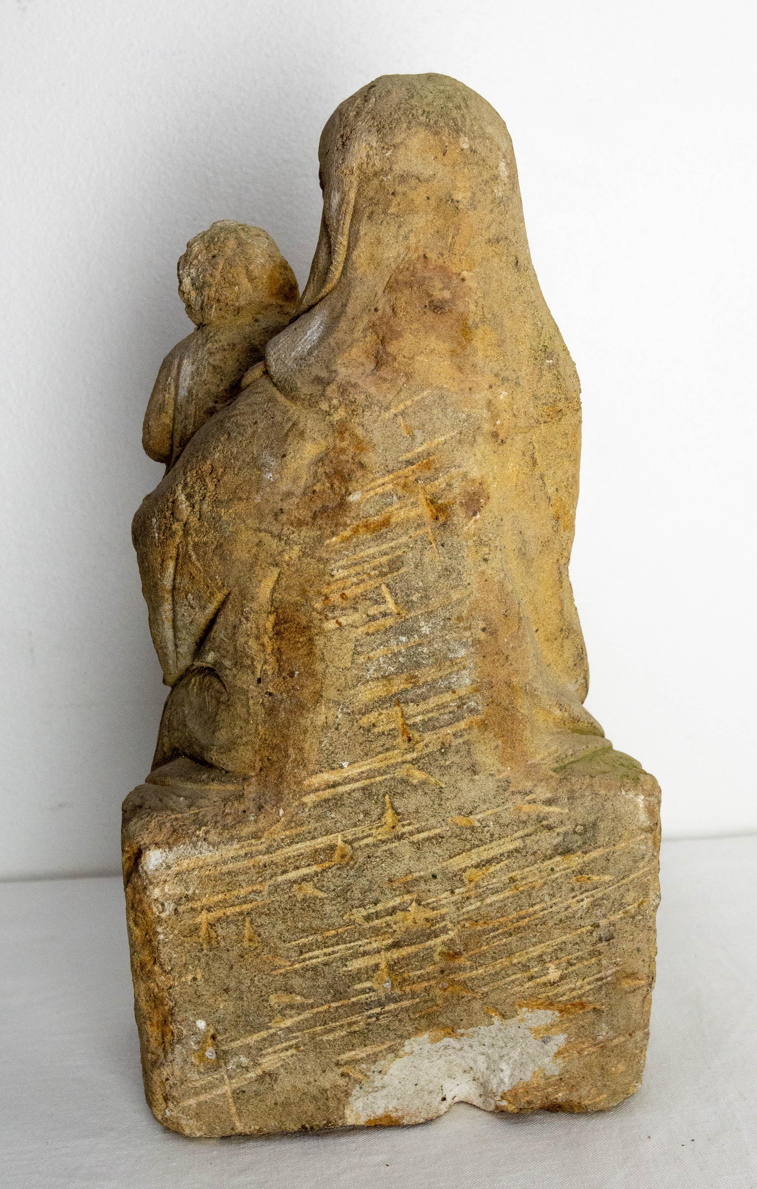 Stone French Antique Statuette Virgin and Child Early 20 th Century For Sale