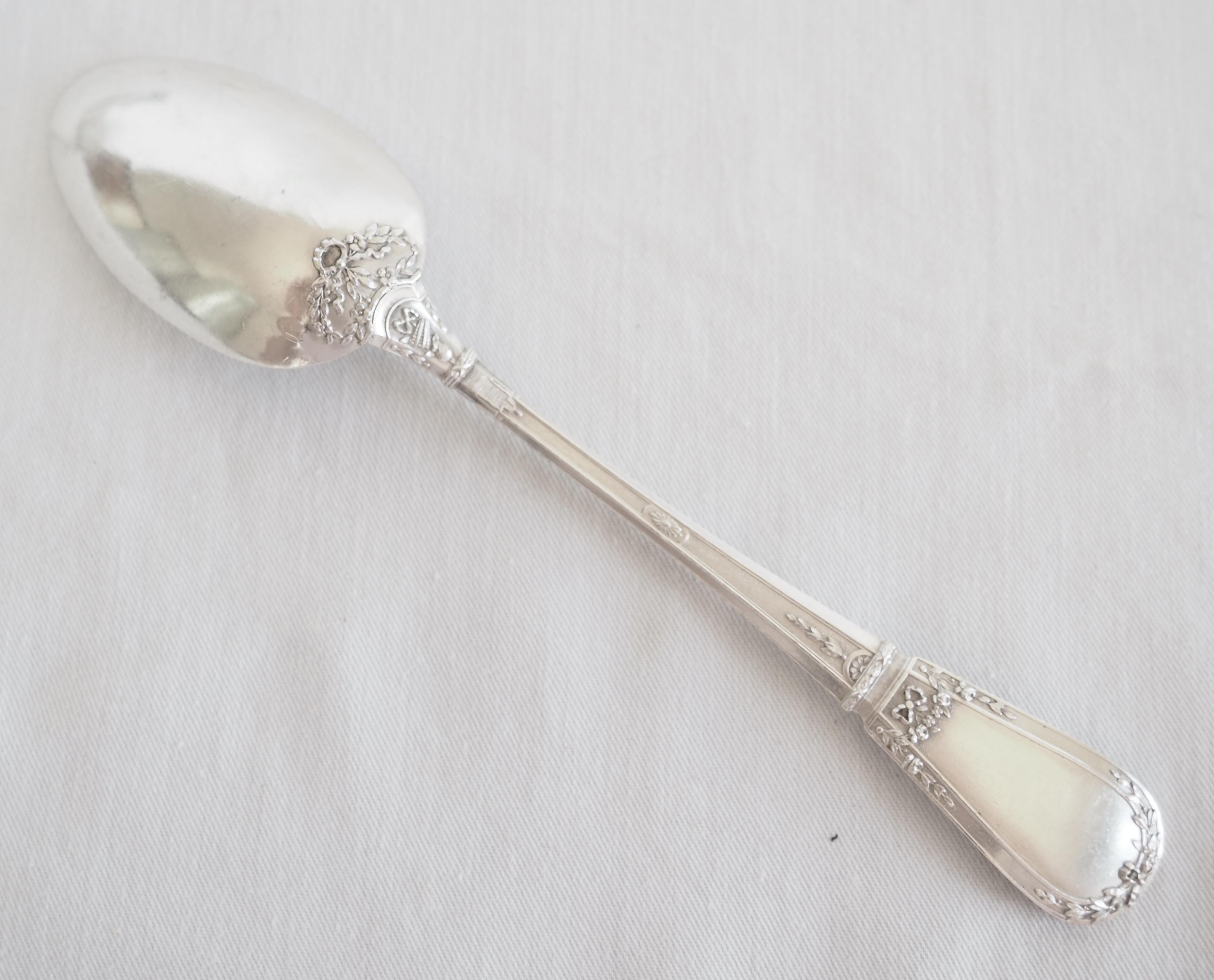 Sterling Silver French antique sterling silver dessert flatware - 24 pieces - Louis XVI style For Sale