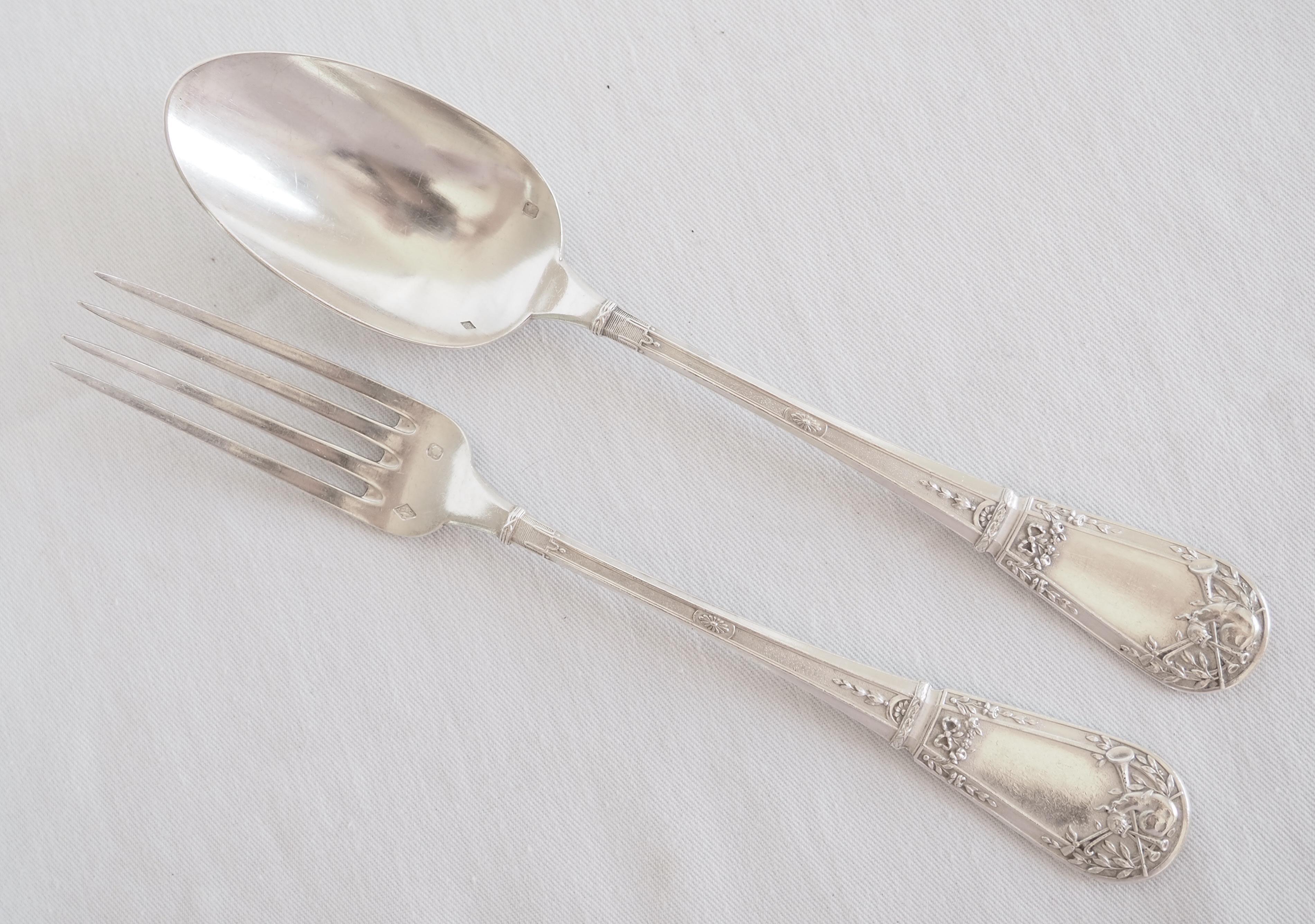 French antique sterling silver dessert flatware - 24 pieces - Louis XVI style For Sale 1