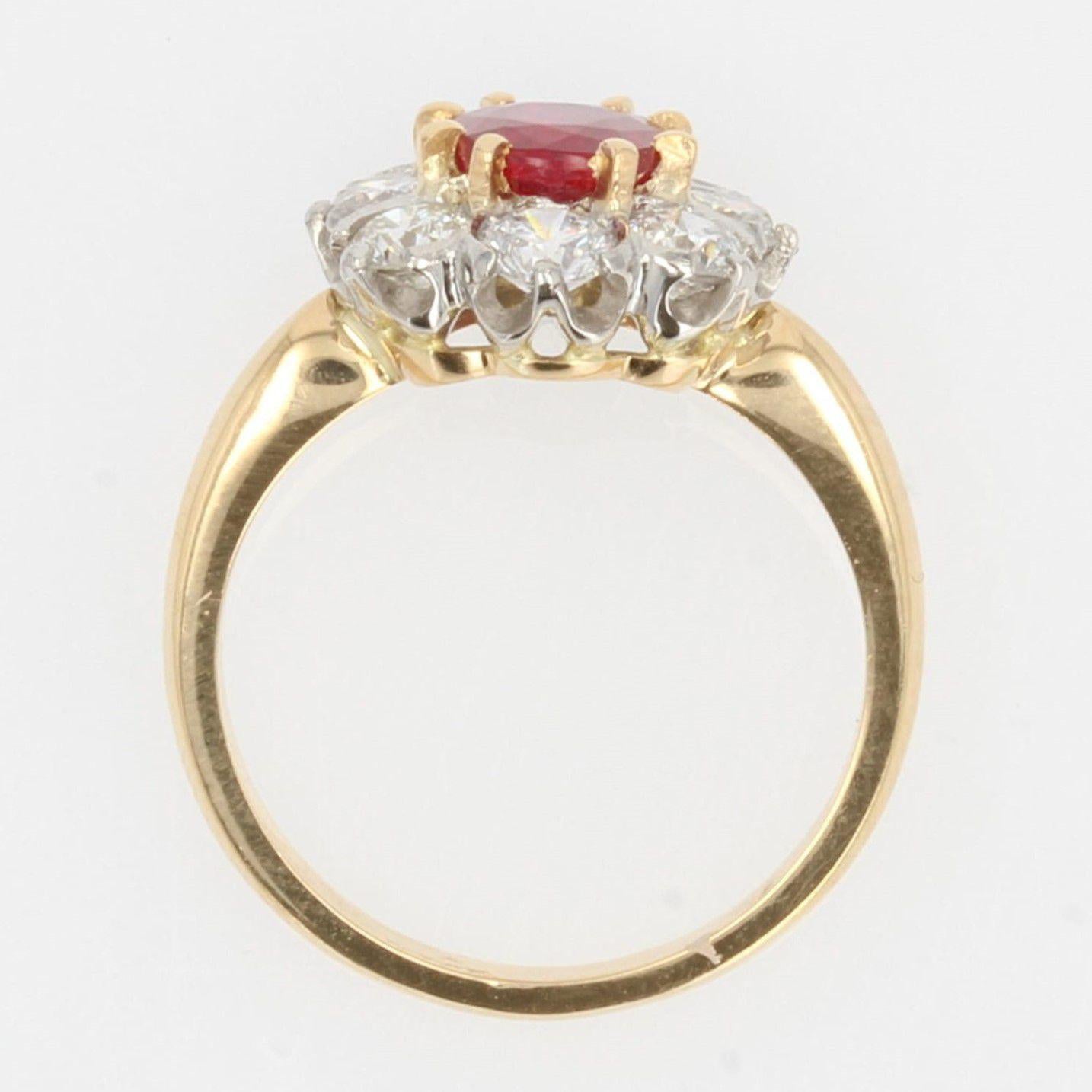 French Antique Style Ruby Diamonds 18 Karat Yellow Gold Daisy Ring 1