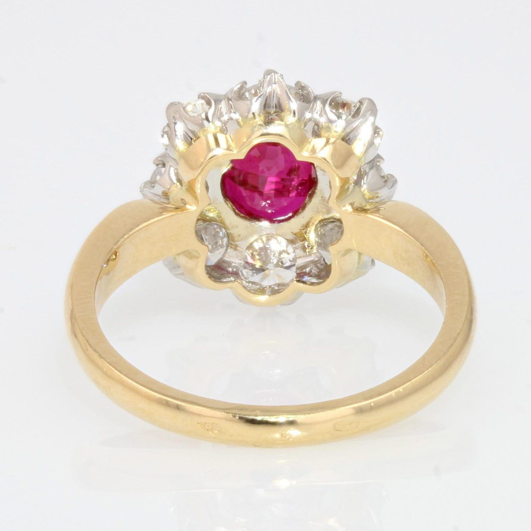 French Antique Style Ruby Diamonds 18 Karat Yellow Gold Daisy Ring 2
