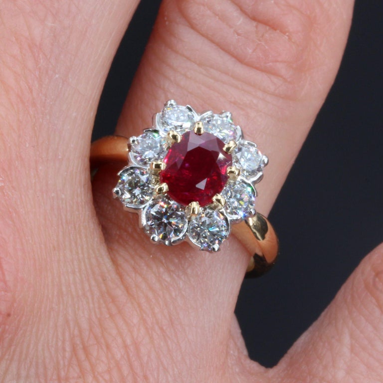 French Antique Style Ruby Diamonds 18 Karat Yellow Gold Daisy Ring at ...