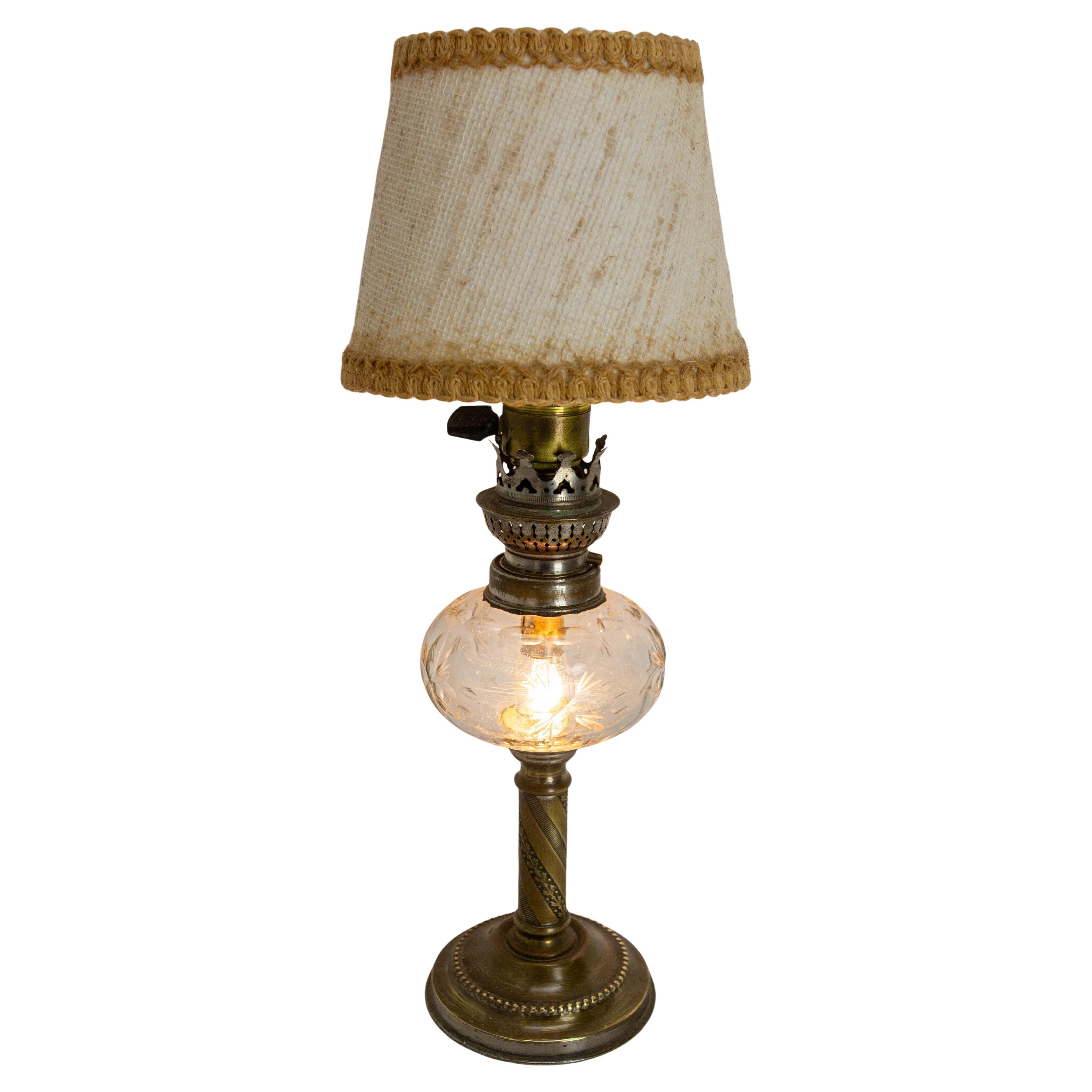 French Antique Table Electrified Kerosene Lamp Glass & Bronze, Late 19th Century