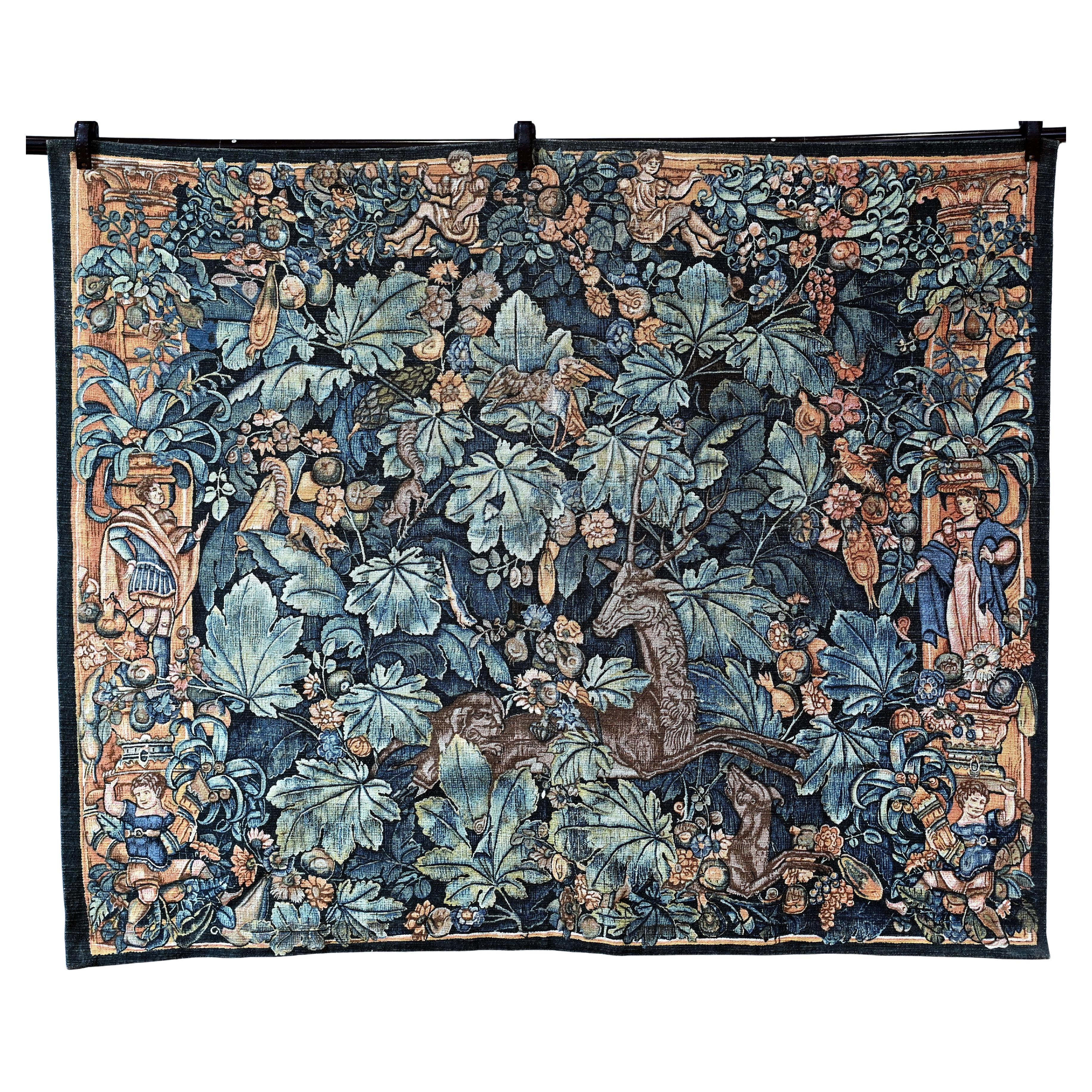 Arazzo Antique French Cervo Floreale Tessuto a Mano Verdure in vendita