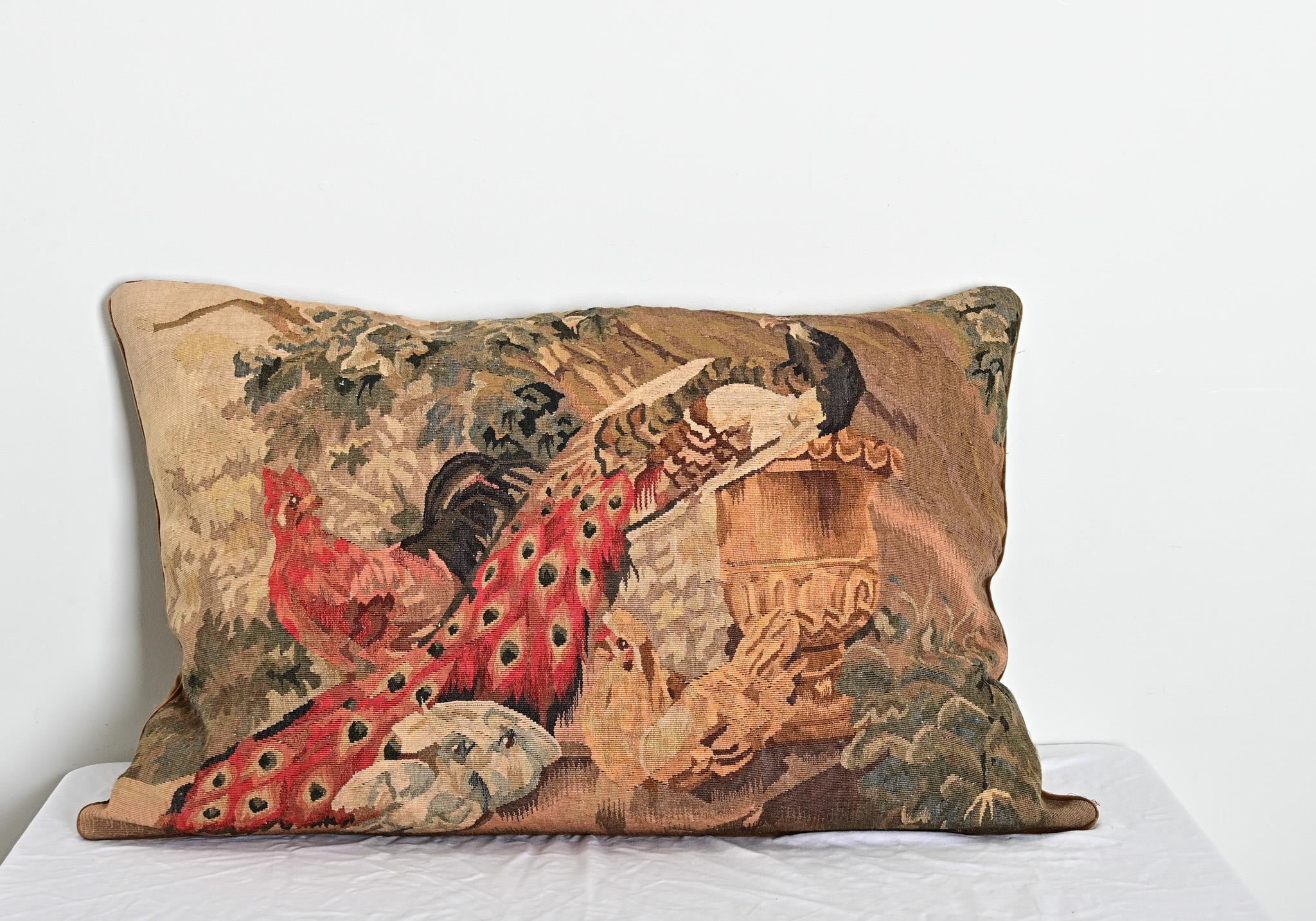 Aubusson French Antique Tapestry on New Custom Cushion For Sale