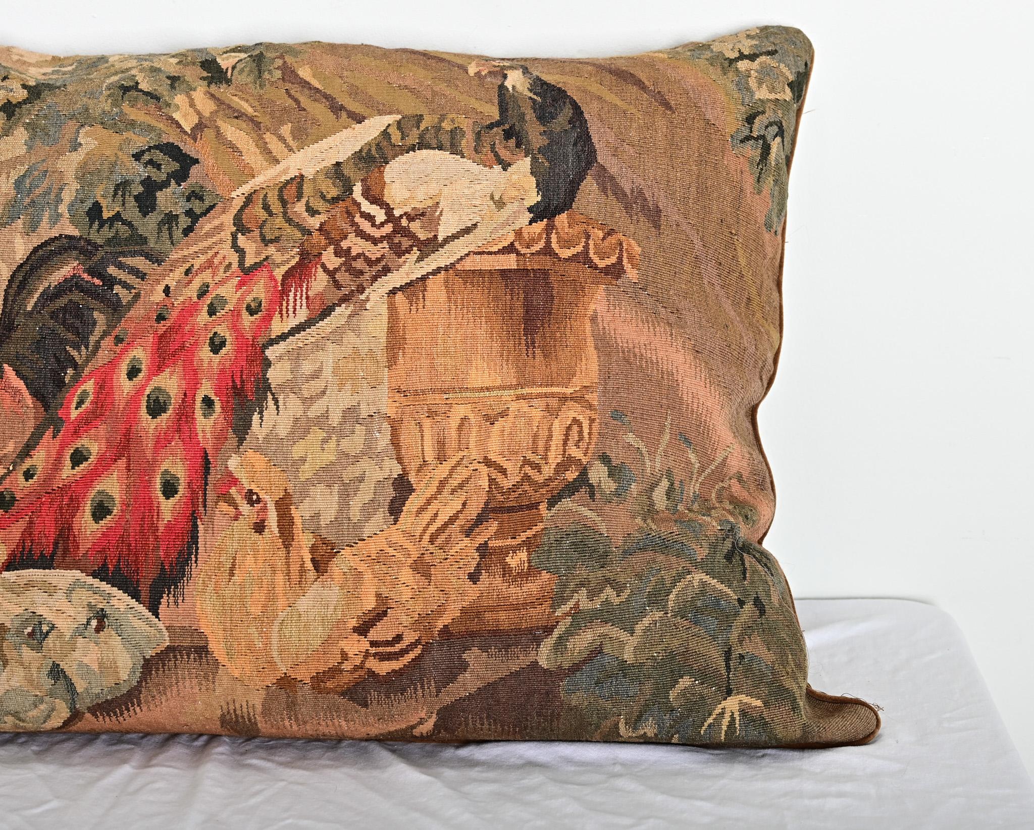 Needlepoint French Antique Tapestry on New Custom Cushion For Sale