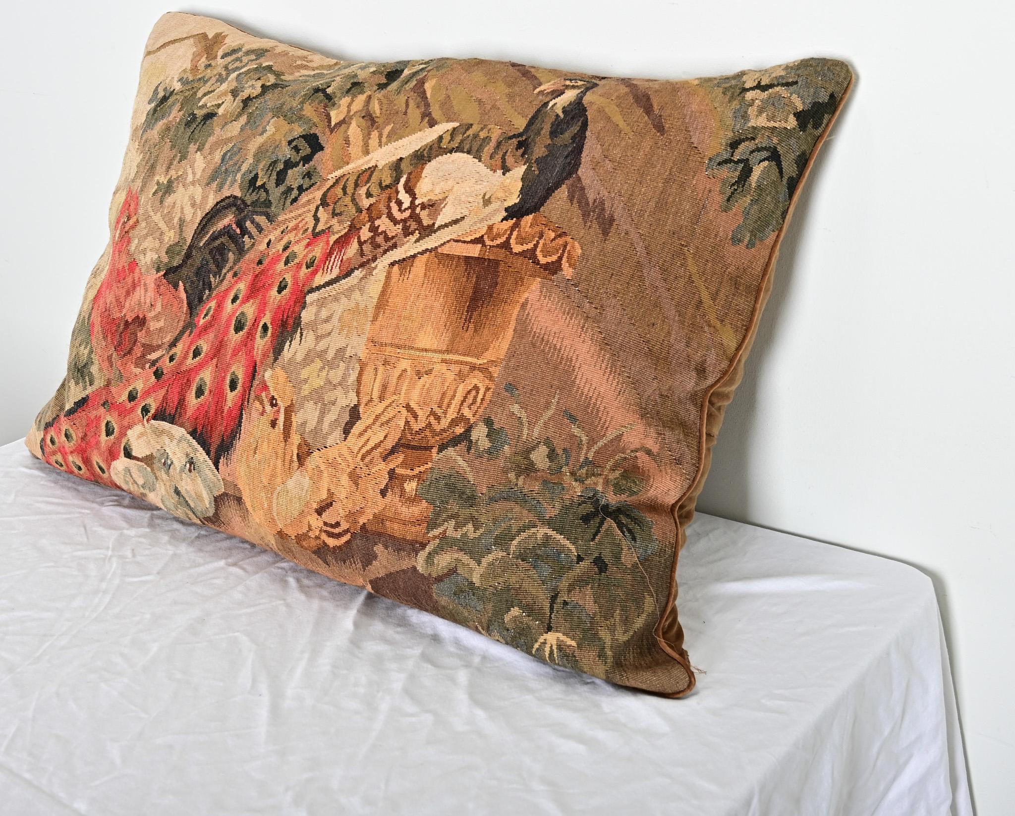 French Antique Tapestry on New Custom Cushion For Sale 2