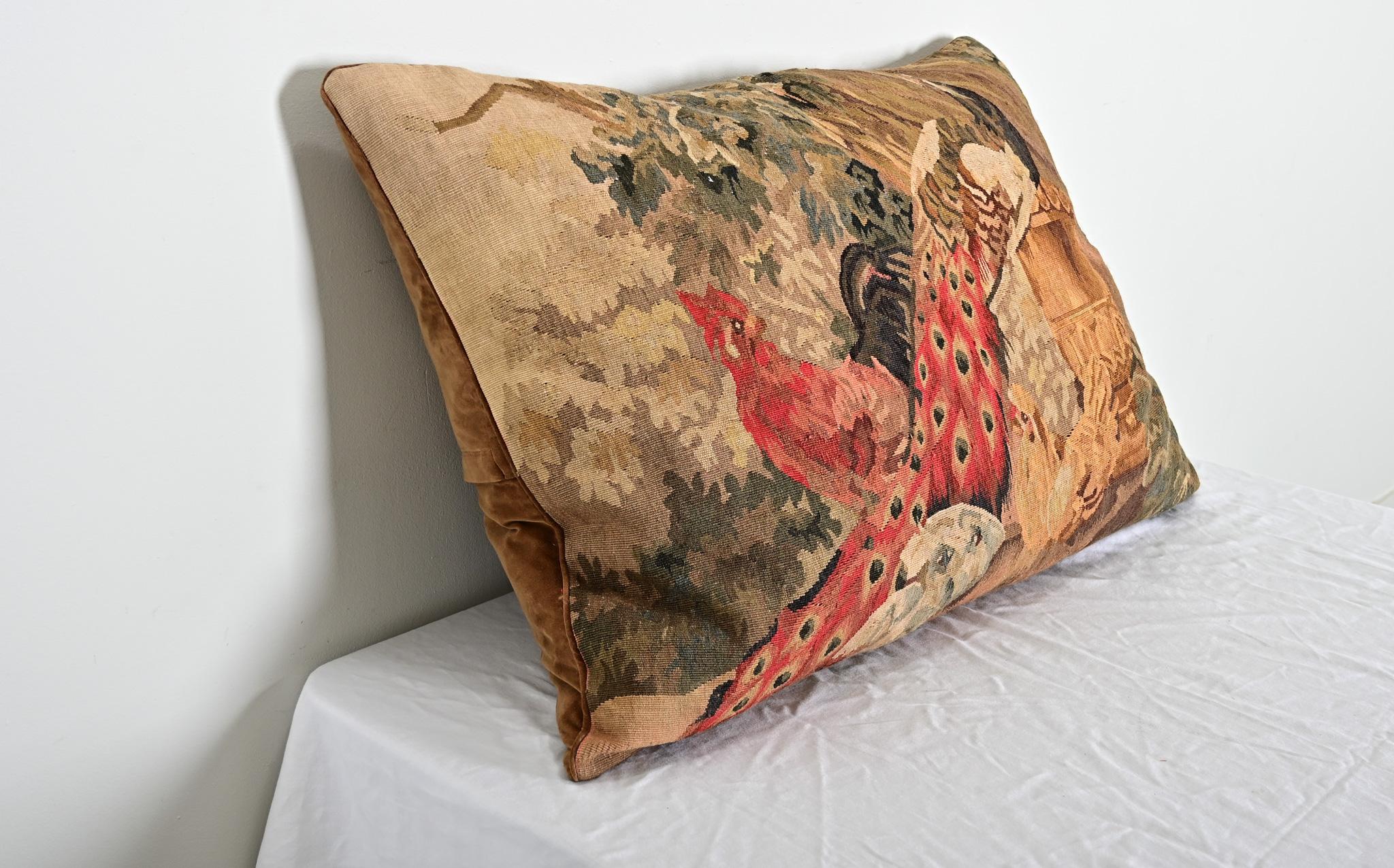 French Antique Tapestry on New Custom Cushion For Sale 3