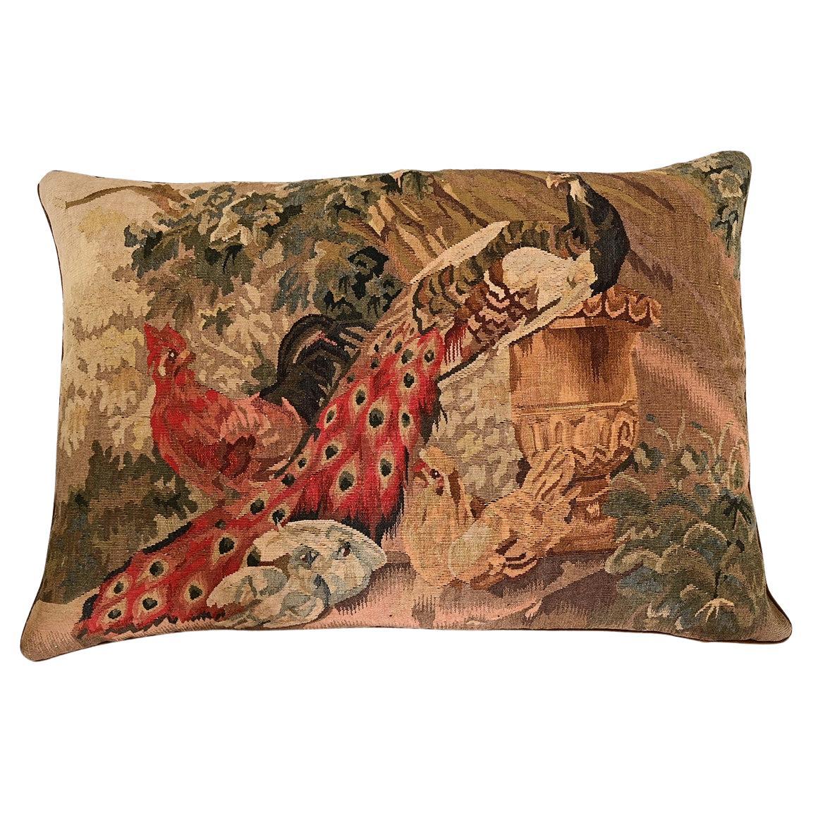 French Antique Tapestry on New Custom Cushion For Sale
