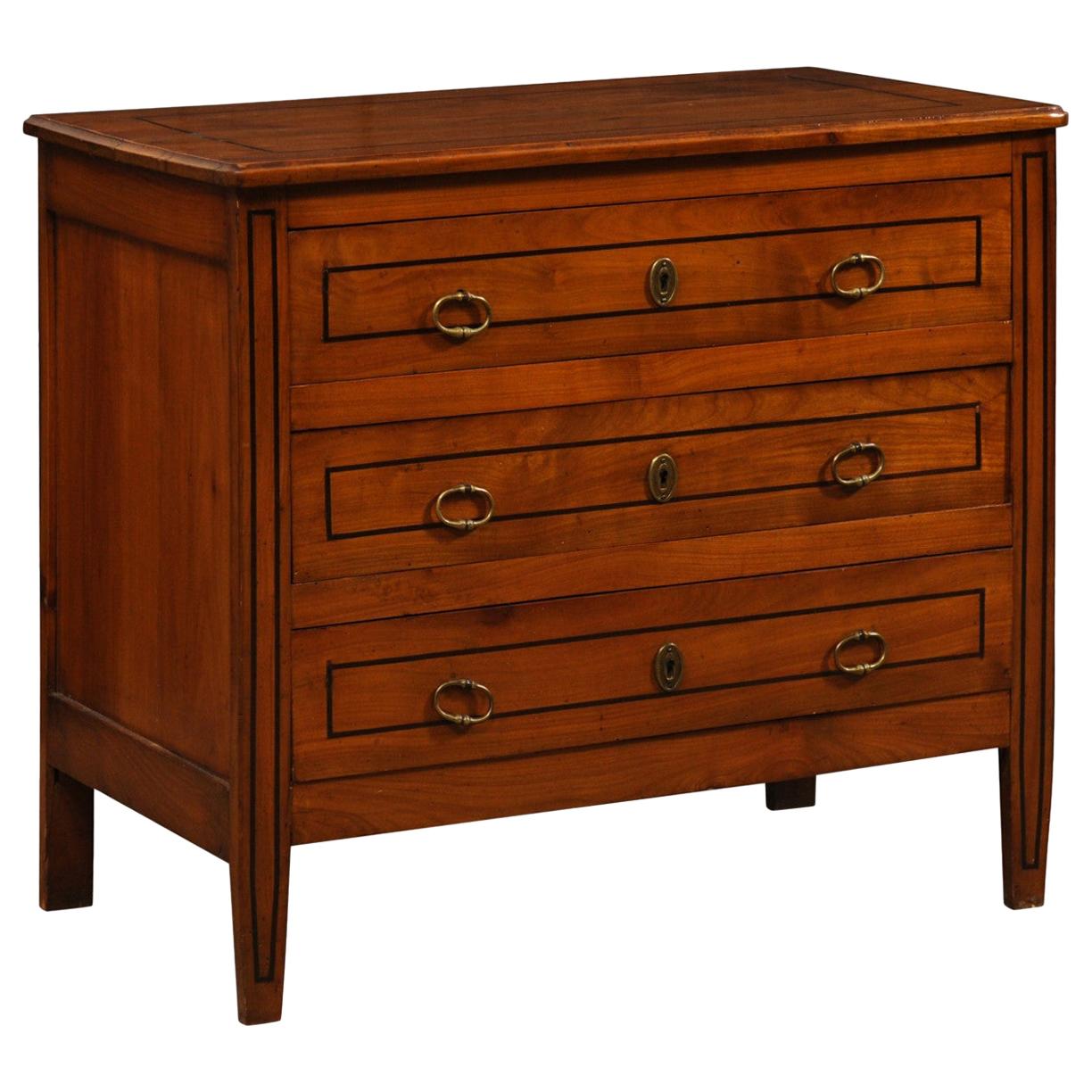 French Antique Three-Drawer Commode with Ebonized Inlay Accent Trim