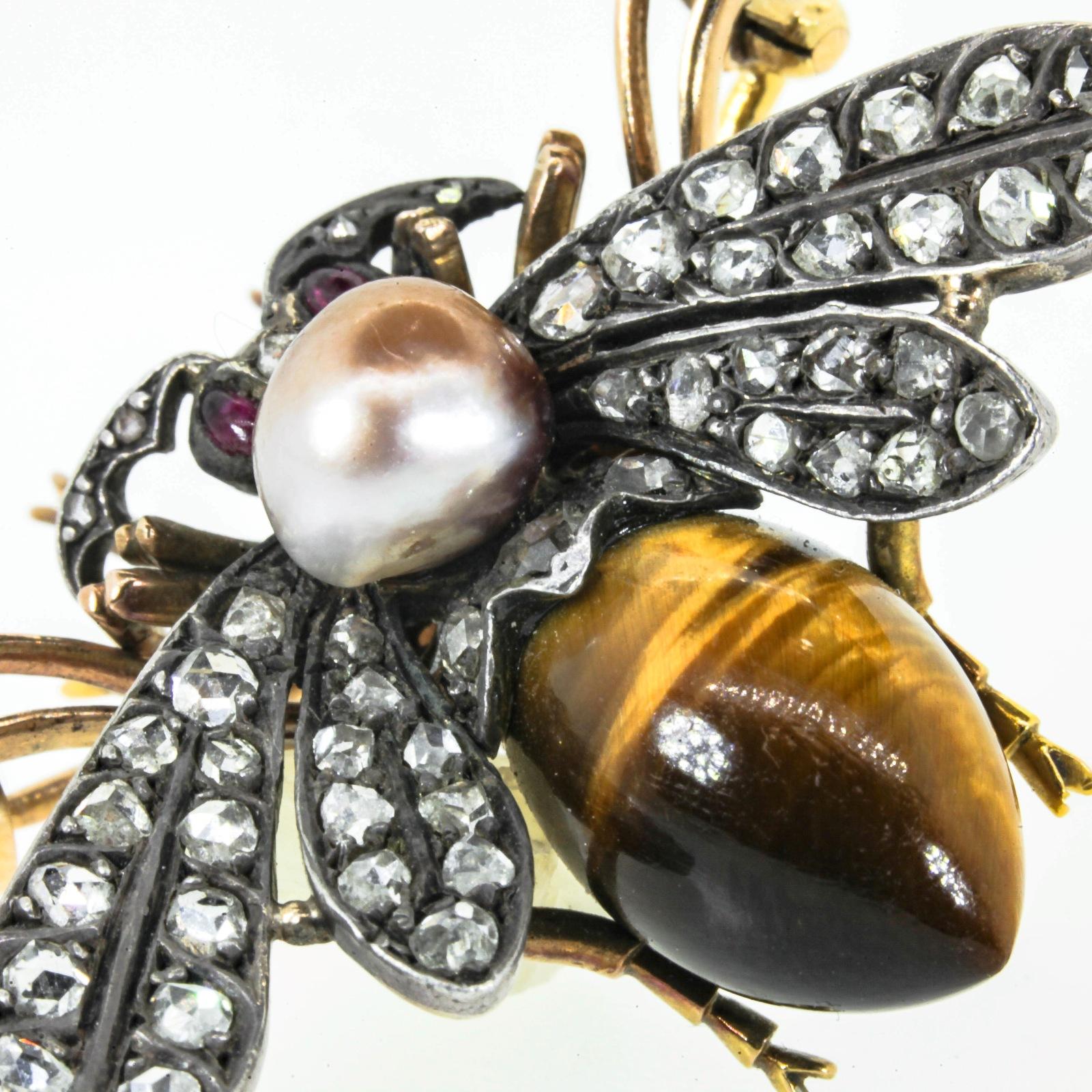Victorian French Antique Tiger Eye Natural Pearl Diamond Gold Fly Brooch For Sale