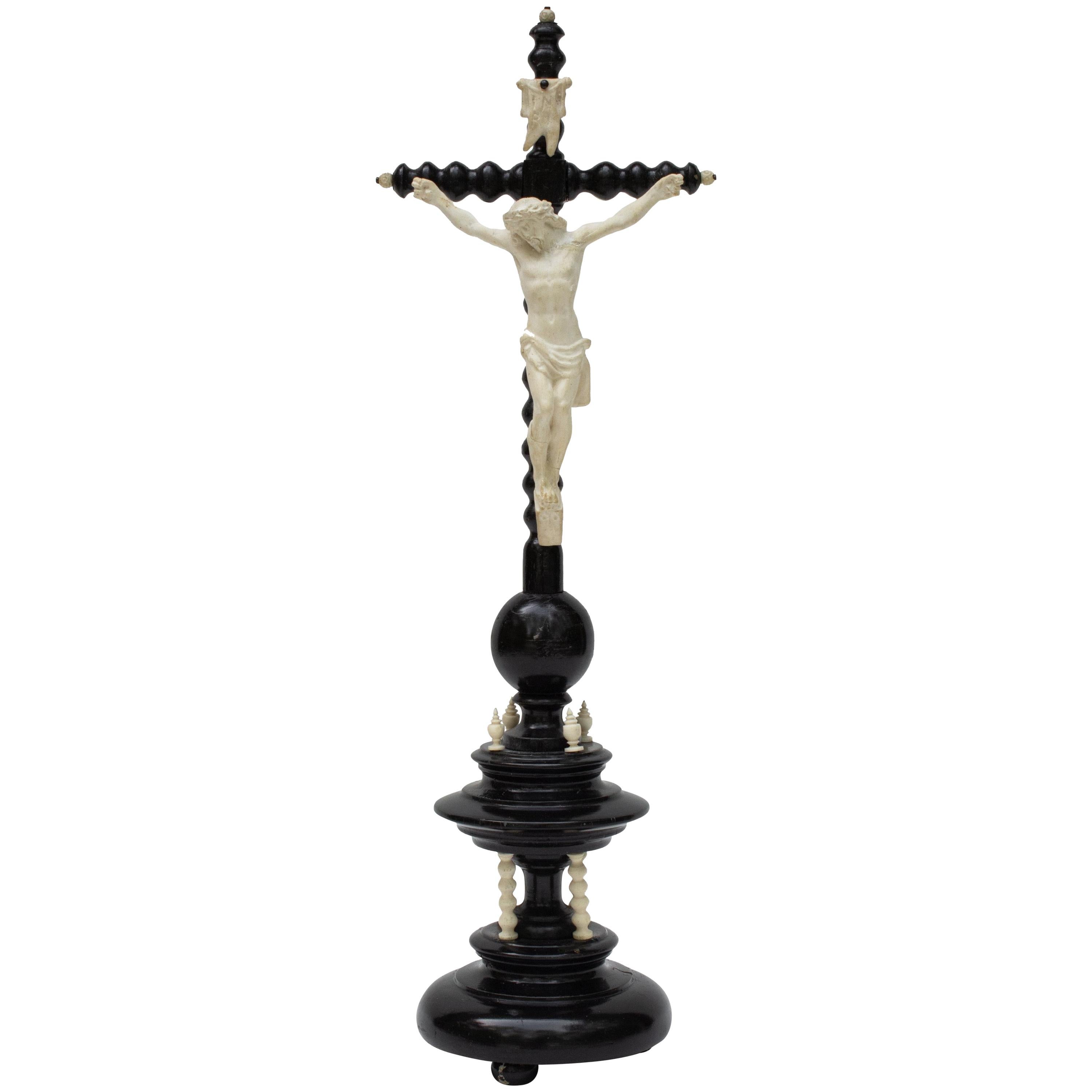 19th Century French Turned Wood Crucifix with Porcelain Bisque Figure of Christ
