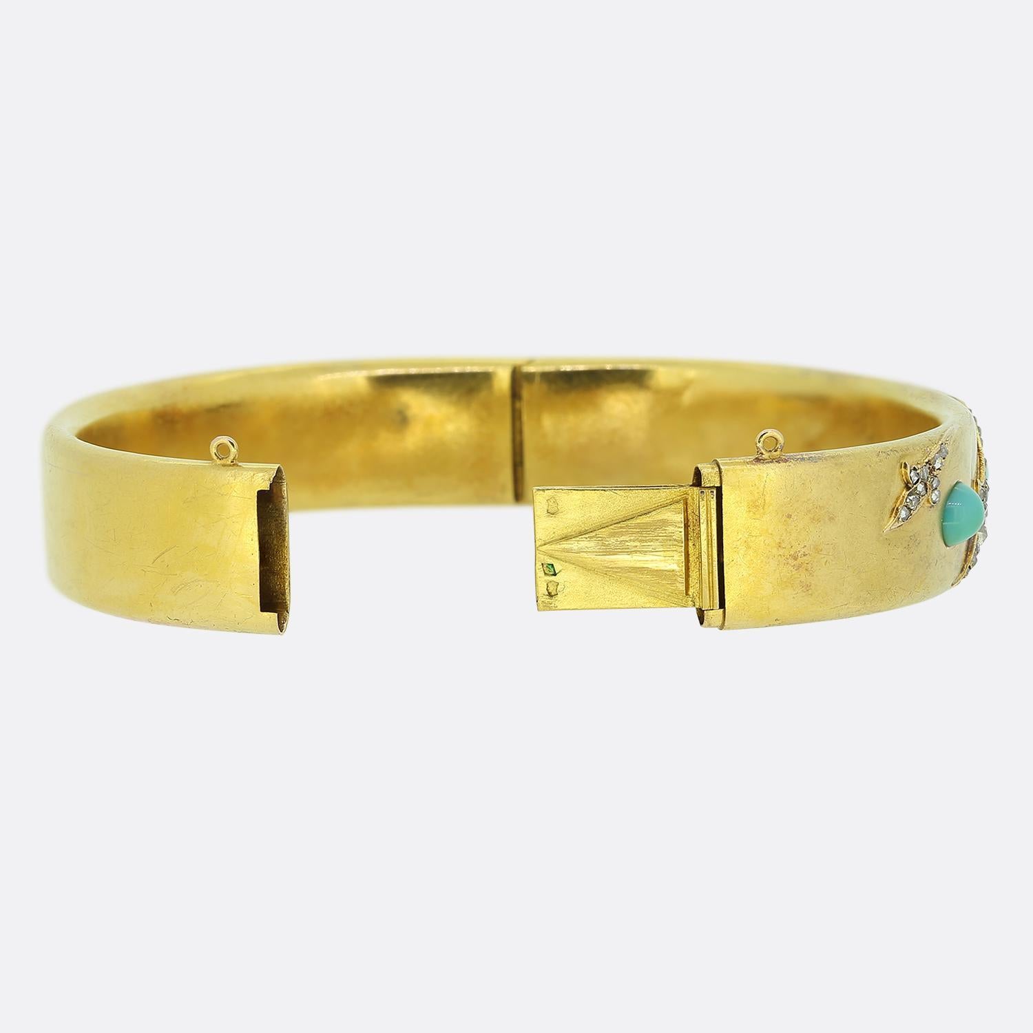 Sugarloaf Cabochon French Antique Turquoise and Diamond Bangle For Sale