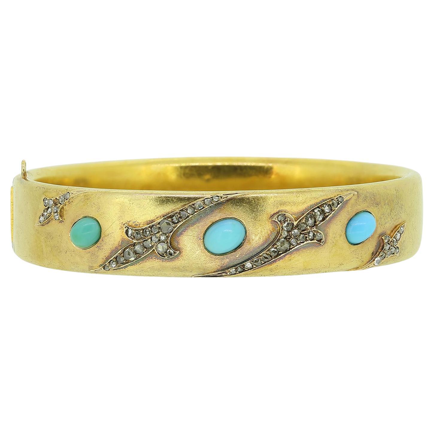 French Antique Turquoise and Diamond Bangle For Sale