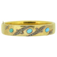 Bracelet jonc français ancien en turquoise et diamants
