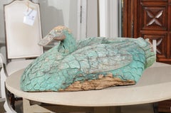 French Antique Turquoise Painted Carved Wooden Swan with Weathered Patina