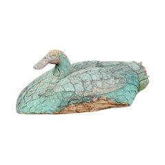 French Antique Turquoise Painted Carved Wooden Swan with Weathered Patina