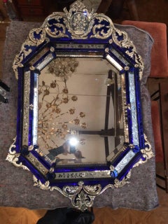 French Antique Venetian Mirror Rare in Blue