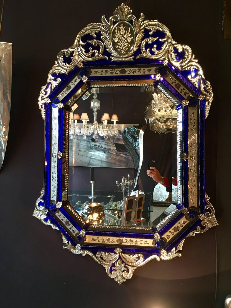 French Antique Mirror Rare in Blue For Sale at 1stDibs