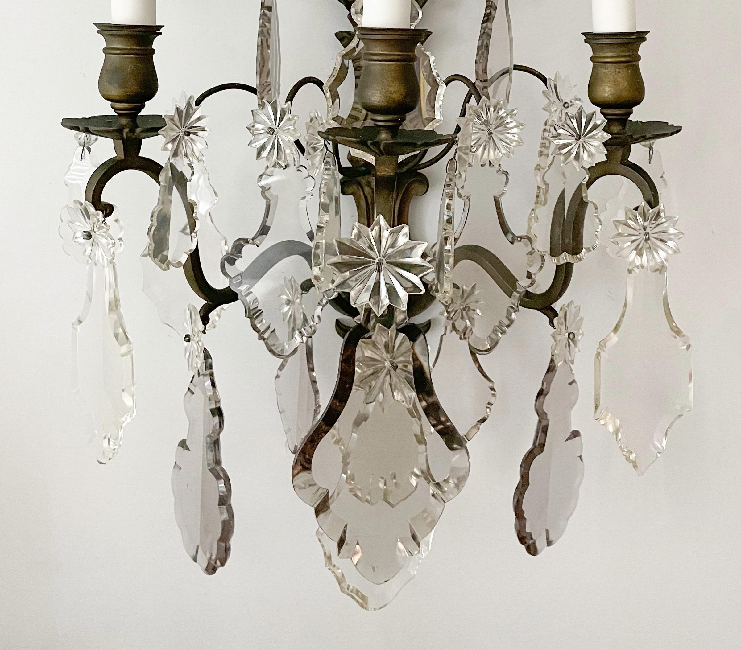 Early 20th Century French Antique Versailles-Style Crystal And Bronze Sconces