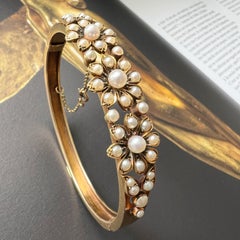 French antique Victorian 14k gold pearl flower bangle bracelet
